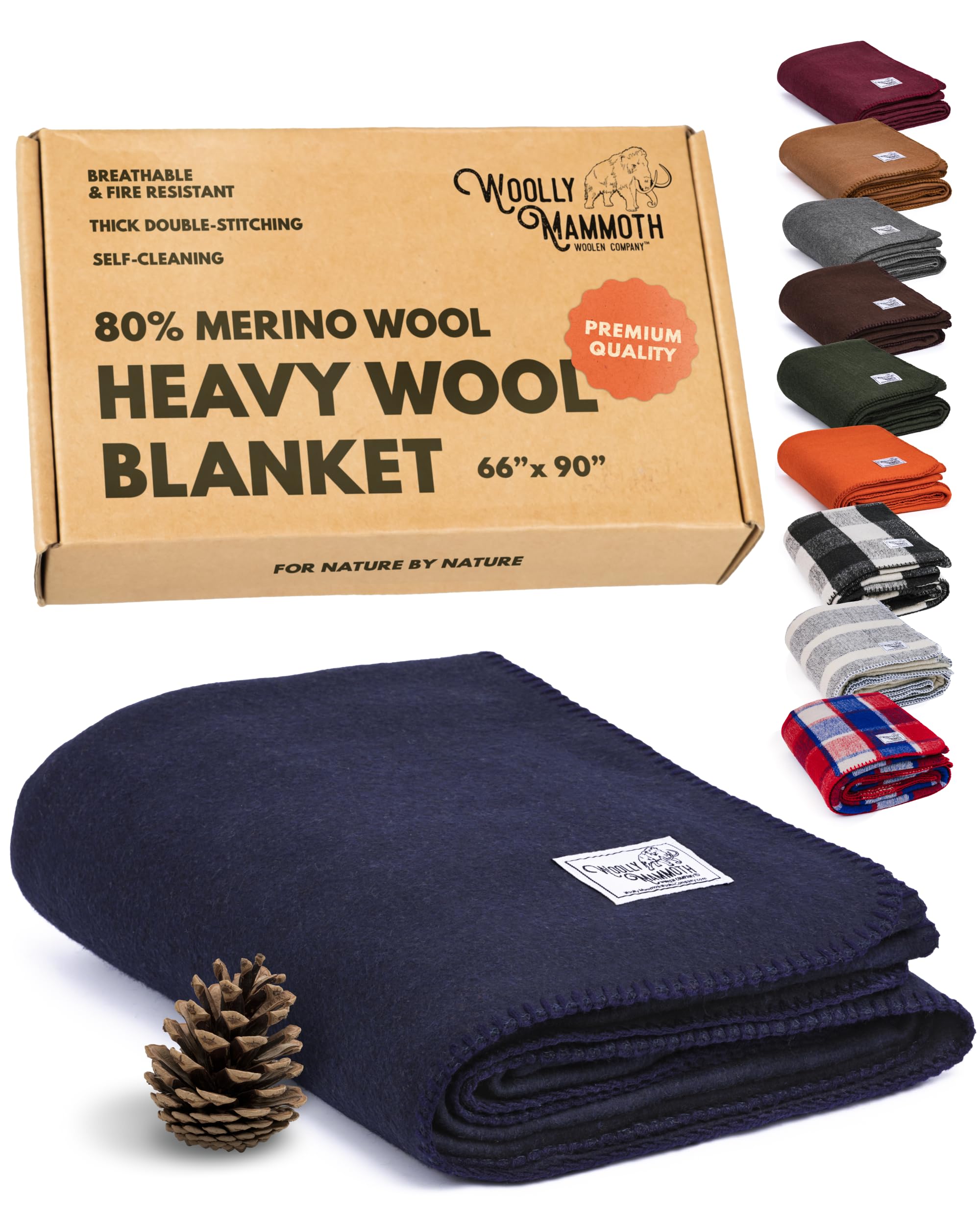 Woolly Mammoth Woolen Company Merino Wool Camping Blanket - 66" x 90", Navy Blue - Compact Design & Hunting Essentials - Heavyweight Insulation & Wool Throw Blanket - Solid Pattern & Bedroll Use