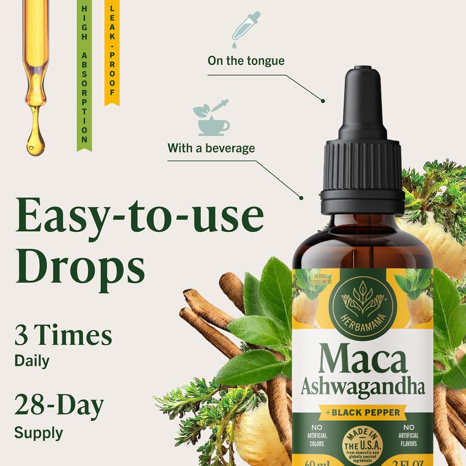 HERBAMAMA Ashwagandha Maca Drops - Vegan Mood Support & Overall Well-Being with Ashwagandha and Maca Root Extract Tincture - Non-GMO, Alcohol & Sugar-Free Women & Men Support Supplement, 28-Day Supply - Image 6