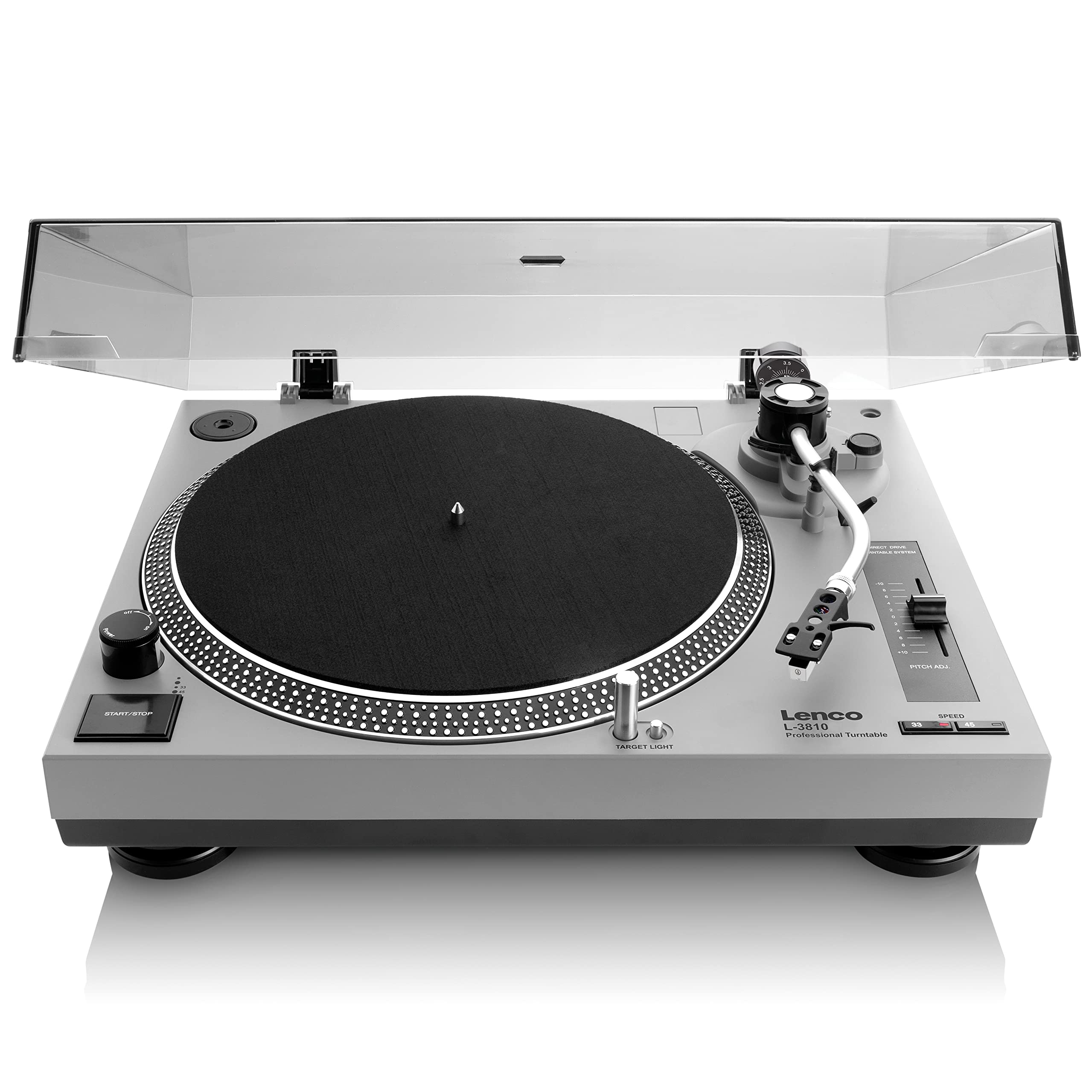 Lenco L-3810 Giradischi con azionamento diretto – Giradischi DJ – 33/45 giri/min – Pitch Control – Sistema di pickup magnetico – Illuminazione ago – Pitch Control – Grigio opaco