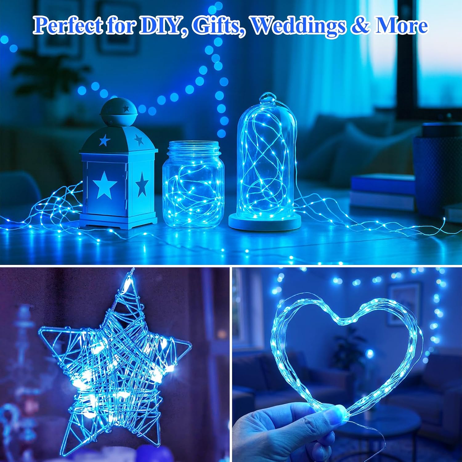 Lakumu 12-Pack Fairy Lights, 7FT 20 LED Battery Operated String Lights, Waterproof Silver Wire Firefly Lights, Blue for Mason Jars DIY Bedroom Wedding Party Centerpiece Table Decor image 3