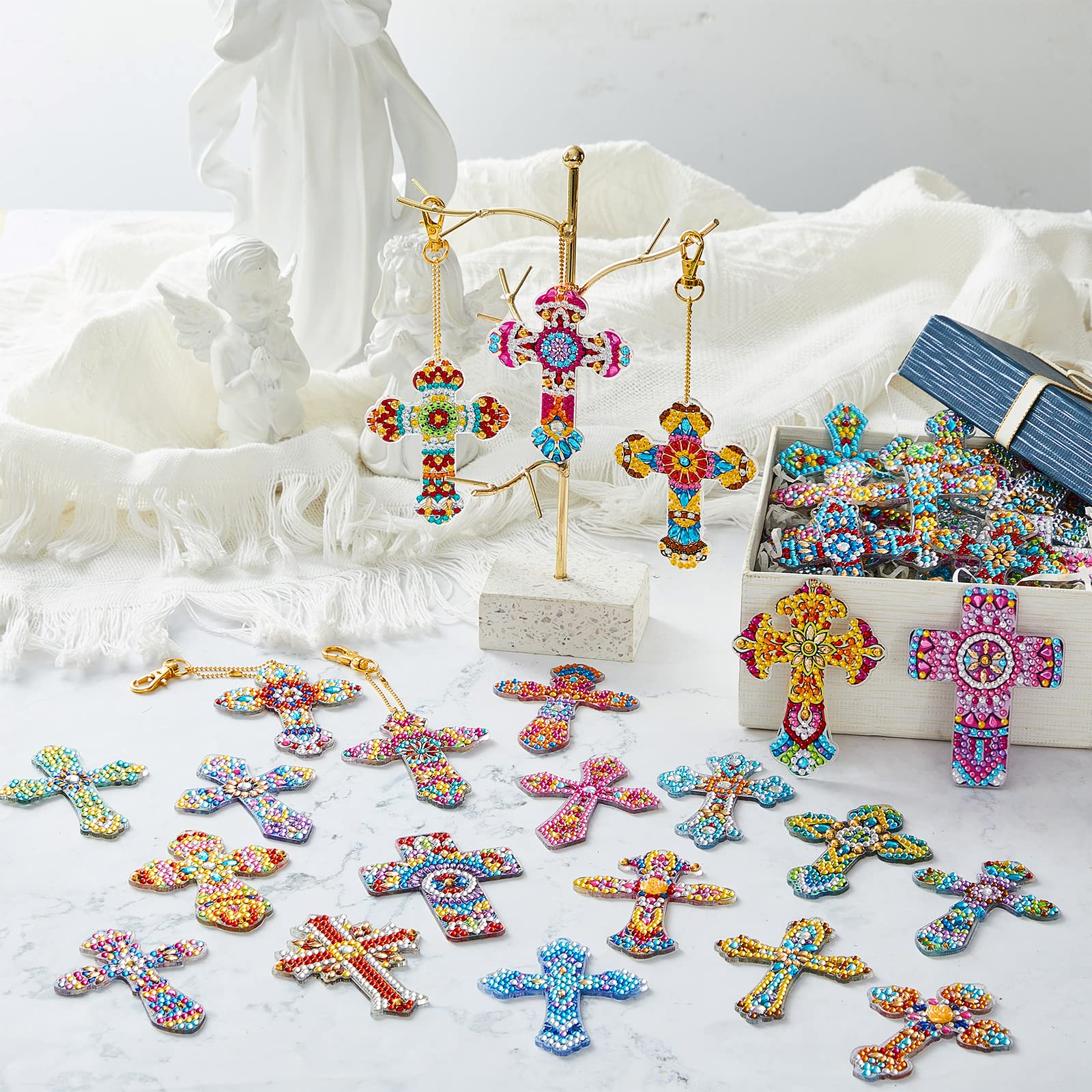 36 Pcs Cross Diamond Painting Keychains 5d Double Sided Cross Shaped Diamond Art Keychains for DIY Adults Crafts Home Decor Gift Party Favors