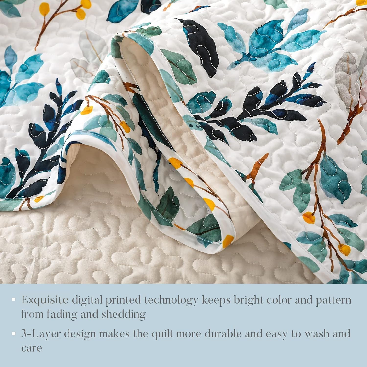 Whale Flotilla Couvre-lit 240 x 260 cm, Dessus de Lit 2 Personnes avec Motif Imprimé, jeté de lit Léger avec 2 Taies d'oreiller pour Toutes Les Saisons, Fleurs Bleu
