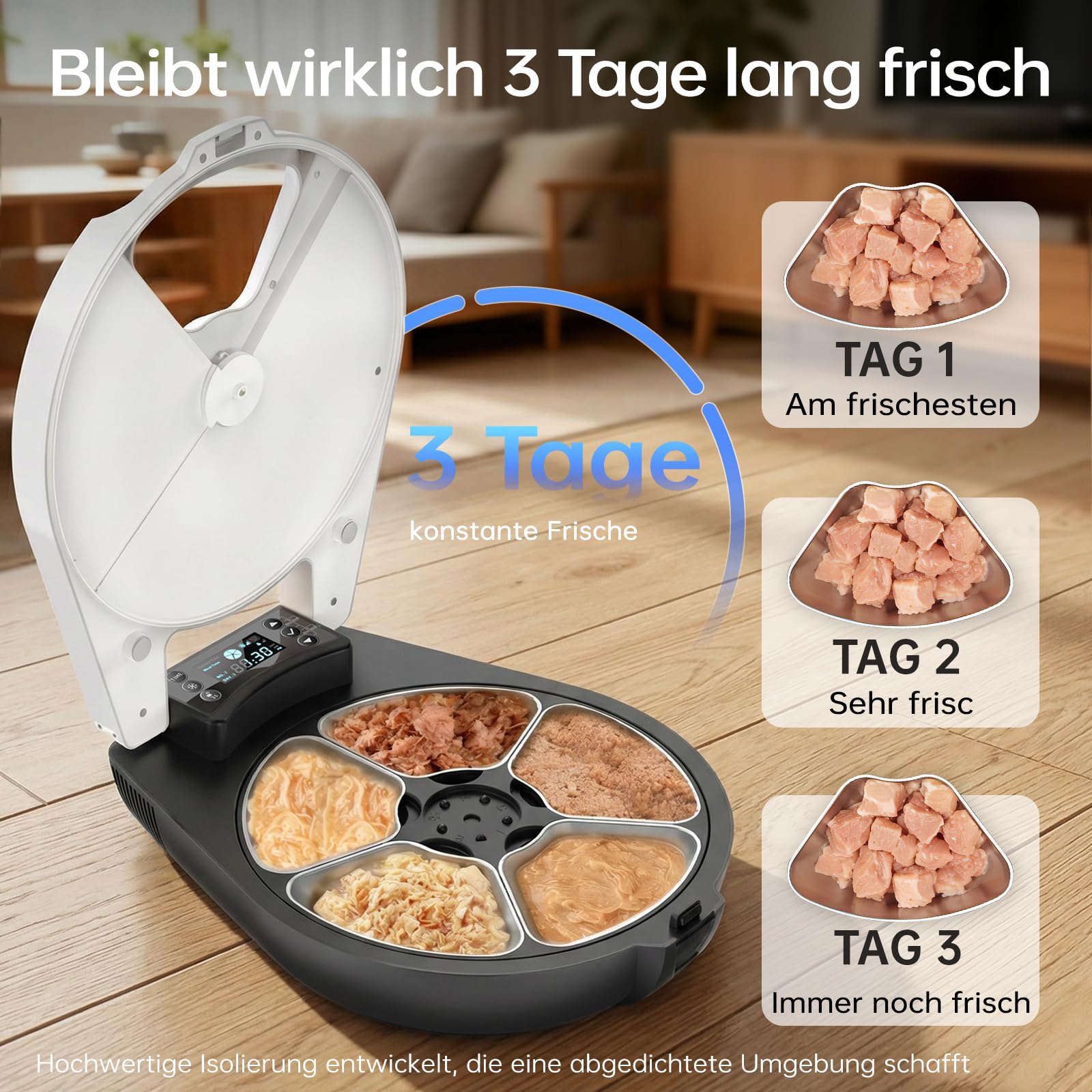 Futterautomat Katze Nassfutter, 3 Tage Frische 5 Mahlzeiten, Mit Halbleiter-Kühlung & Heizung Nassfutterautomat für Katzen, Futterschale aus Edelstahl 304 — Programmierbare Nassfutter Automat Katzen