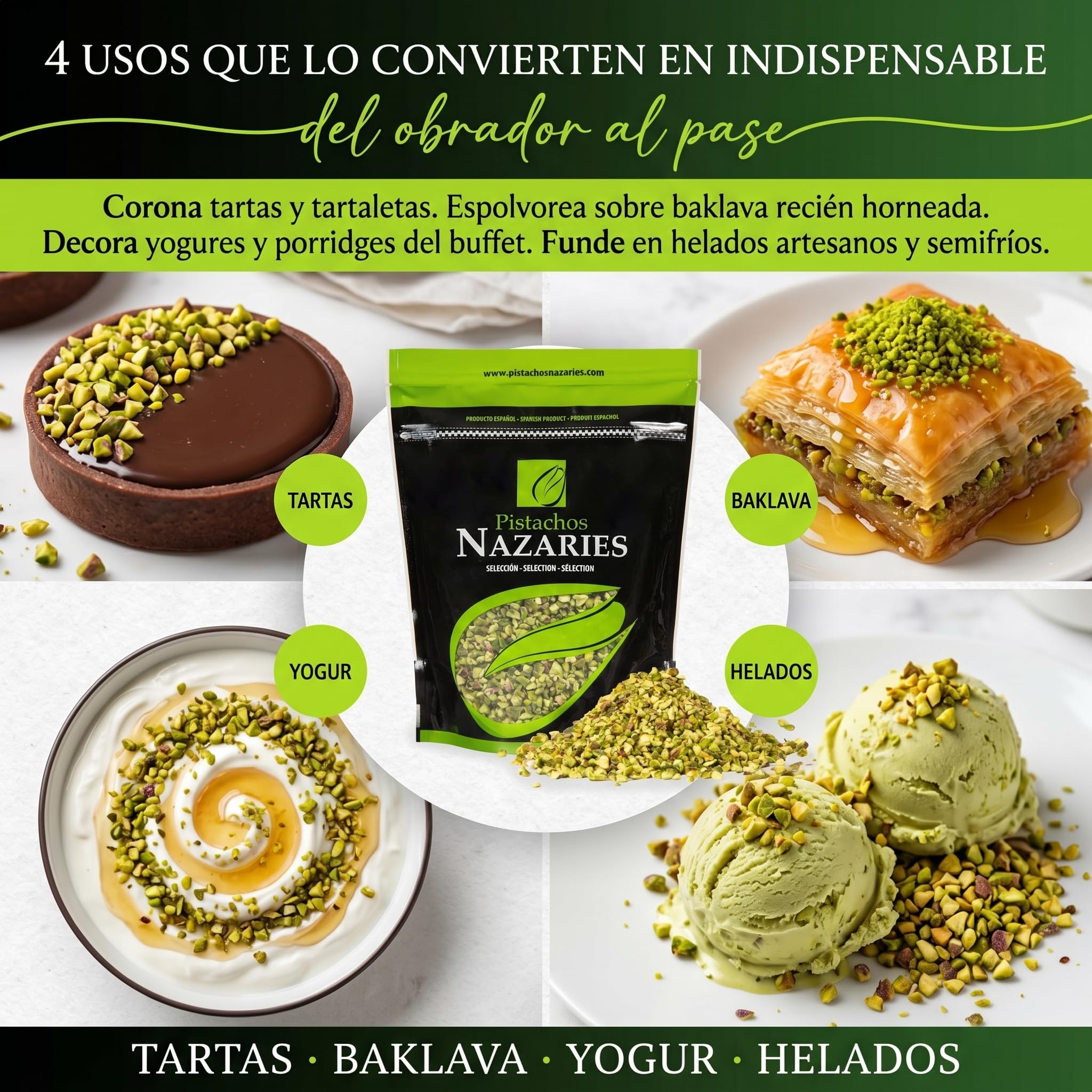 Nazaries Granillo de Pistacho al Natural Sin Sal pack 2x250 g Bolsa Hermetica Sin Gluten Andalucia Troceado Reposteria Helados Tarta Yogur Baklava Decoracion Postres Frutos Secos Picado Crudo Pelado