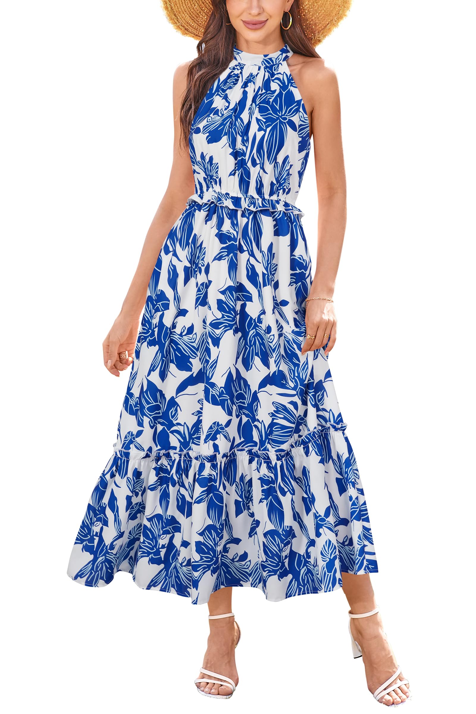 Newshows Womens 2025 Summer Vacation Outfits Halter Neck Floral Tiered Ruffled Flowy Casual Beach Boho Long Maxi Dress