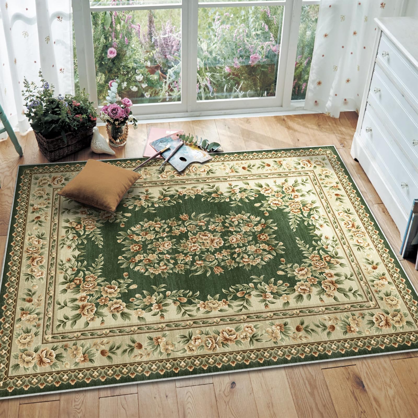 Amazon | FORTSEA ラグマット 130×200cm 洗える グリーン 花纹 滑り