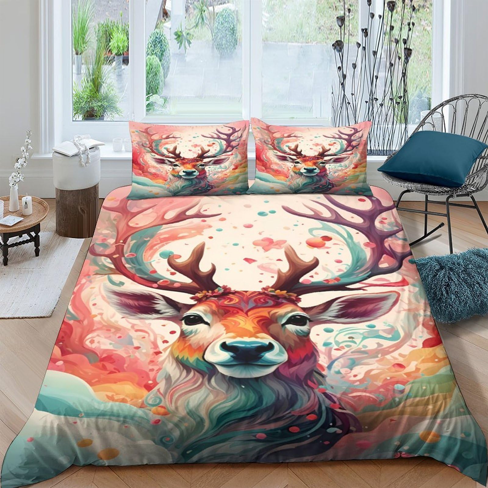 Ctjqhvkz Style-3 3D Printed Watercolor Deer Fitted Sheet Microfiber Artistic Forest Antler Mattress Cover For Bedroom Guest Room Decor Single（135X200cm）