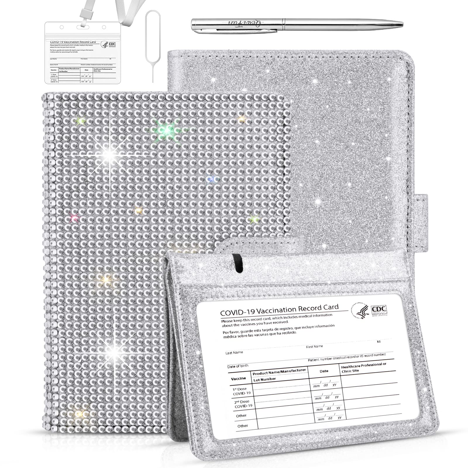 QearFun Glitter Passport and Vaccine Card Holder Combo, Travel Wallet Passport Holder Cover with CDC Vaccination Card Slot, RFID Blocking Travel Must Have Essentials Gifts for Women, Silver, /