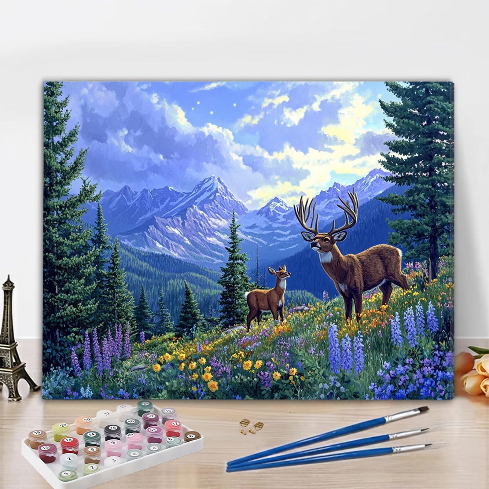 Landschaft Malen Nach Zahlen Erwachsene, Malen Nach Zahlen Set mit Pinseln und Acrylfarbe, Einfaches DIY Ölgemälde Paint by Numbers Adult Anfänger für Wanddekoration Geschenk, Hirsch 60x90 cm Y3-150