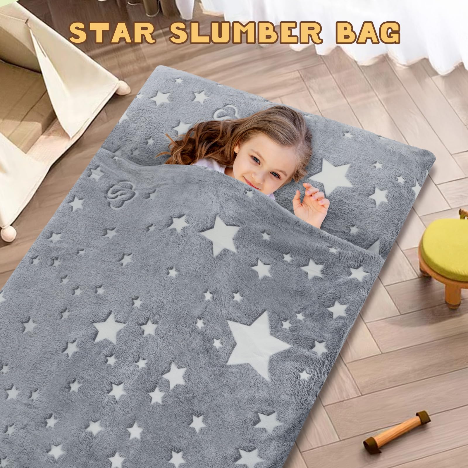 Kids Sleeping Bag with Pillow,Glow in The Dark Nap Mat for Toddlers Boys Girls,Large & Comfy Plush Slumber Bag for Sleepovers Camping Travel,Star Grey - Image 2