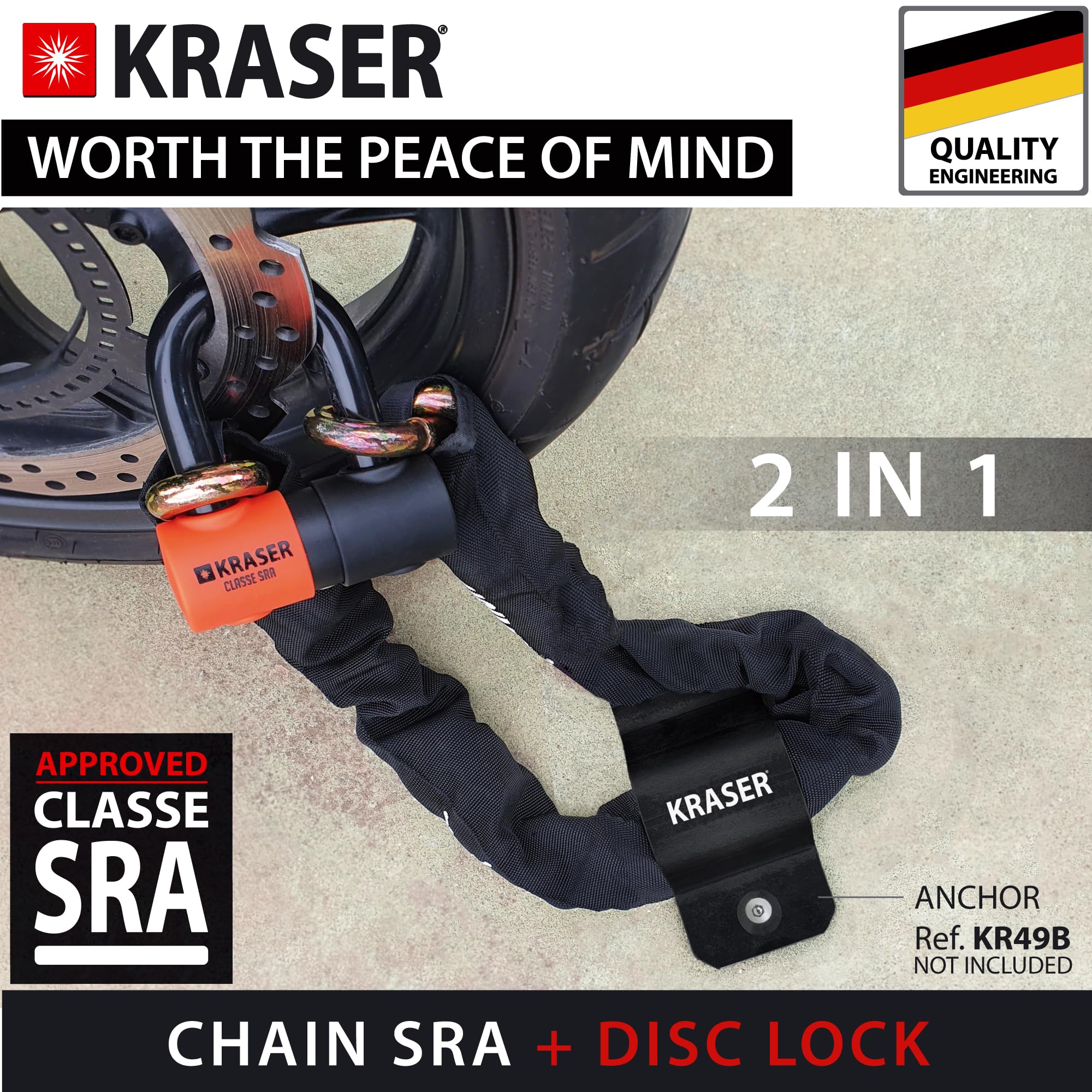 KRASER KR50100 Blokada Zestaw Antykradzieżowy Motocyklowej Łańcuch Zabezpieczający Kłódka Antykradzieżowa Motocykl Zatwierdzony Mini U Solid Ø18 + 13,5 łańcuch 100cm, Zabezpieczenie ciężki obowiązek