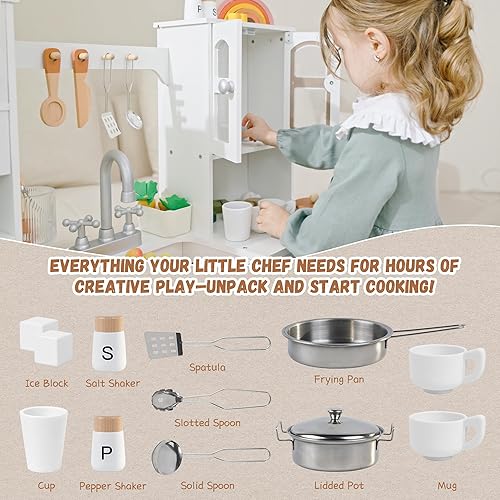 Miniatura 5 de Cocina de madera para niños pequeños y niños con luces y sonidos, gran juego interactivo con máquina de hielo, estufa, fregadero, horno, 12