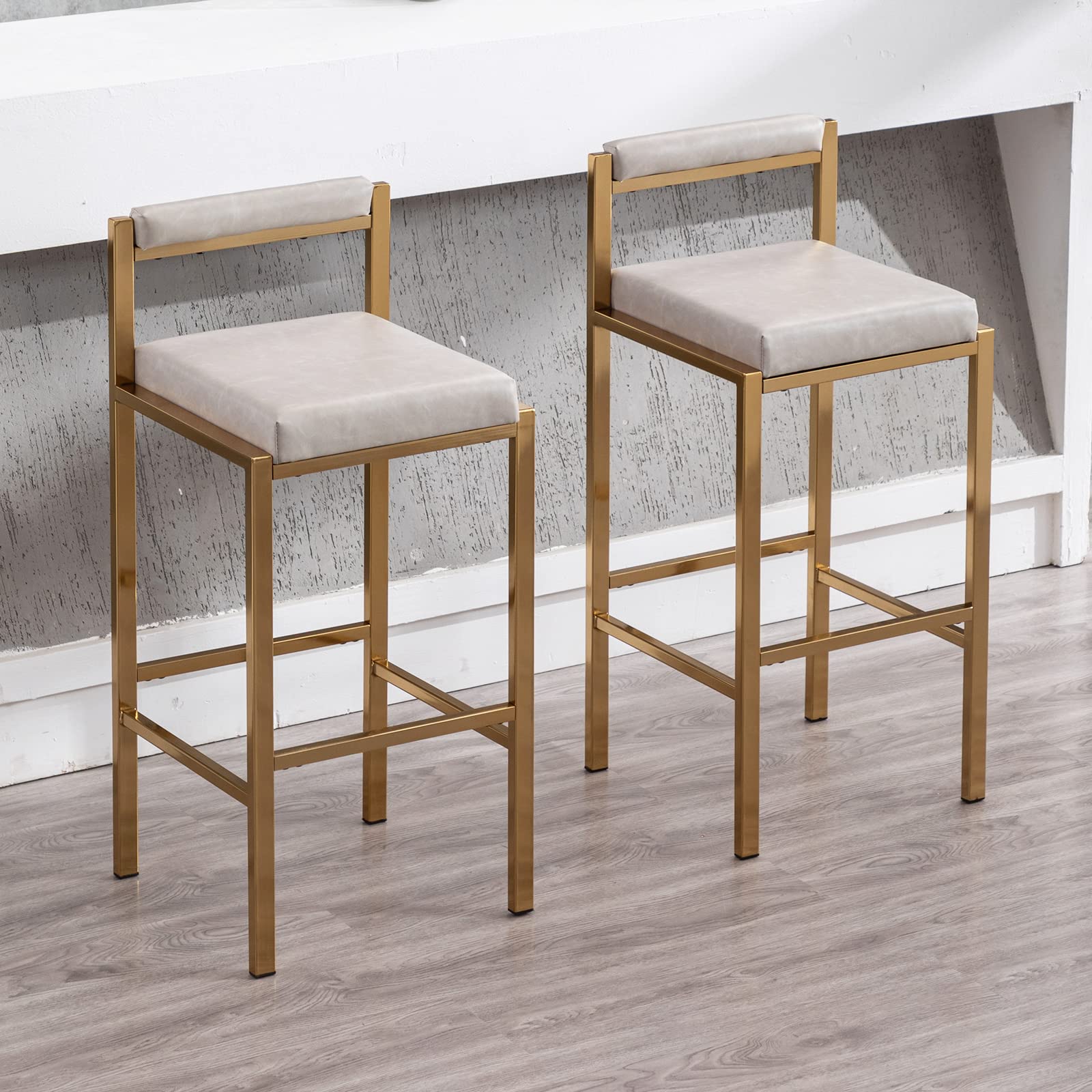 QUINJAY 30" Modern Gray Bar Stools Set of 2, PU Leather Upholstered Gold Kitchen Island High Dining Chairs with Footrests, Industrial Bar Stools with