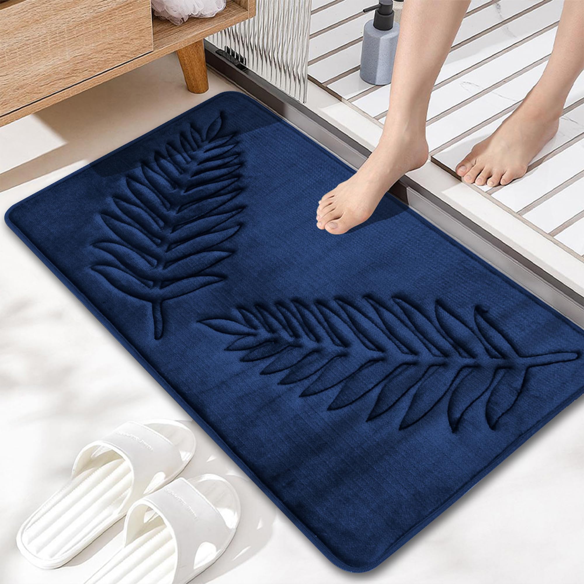 voofly Memory Foam Bathroom Mat Rug 32" X 20", Ultra Soft Absorbent Bath Mats Quick Dry, Non Slip Washable Carpet for Bathroom Floor, Navy Blue