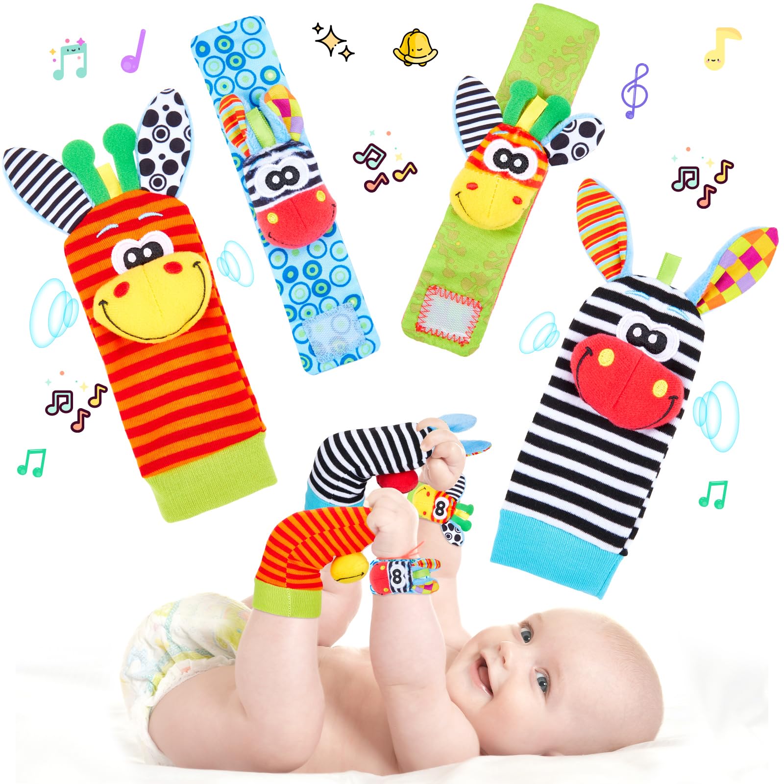 PizoosPizoos Baby Rattle Socks Sensory Toys & Playmate for Babies, Early Development & Activity Toy Baby Wrist and Ankle Rattles 4PCS for Newborn Boy Girl 0-12 Months (Red Donkey Set)