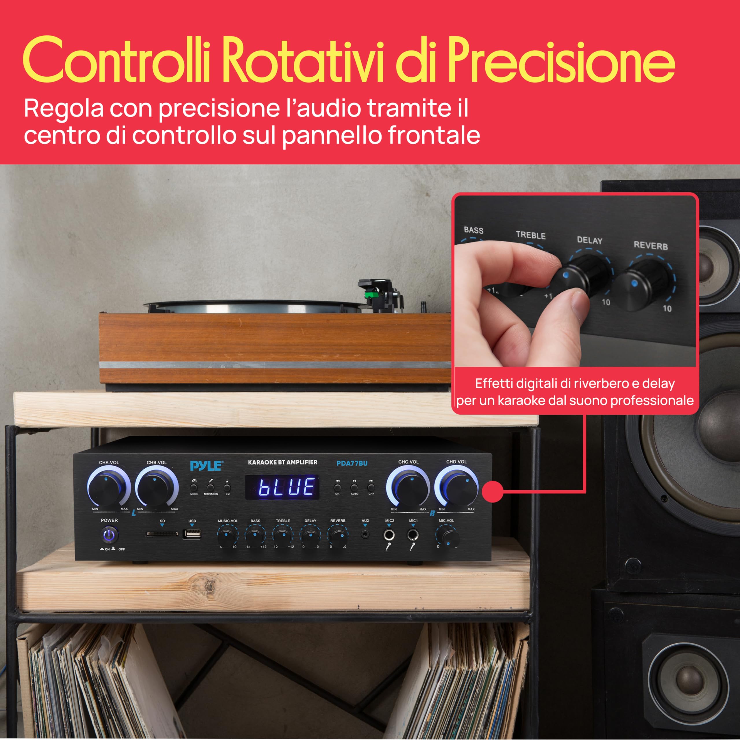 Pyle Amplificatore Audio 4 Canali Bluetooth 800 Watt Picco Home Theater Karaoke