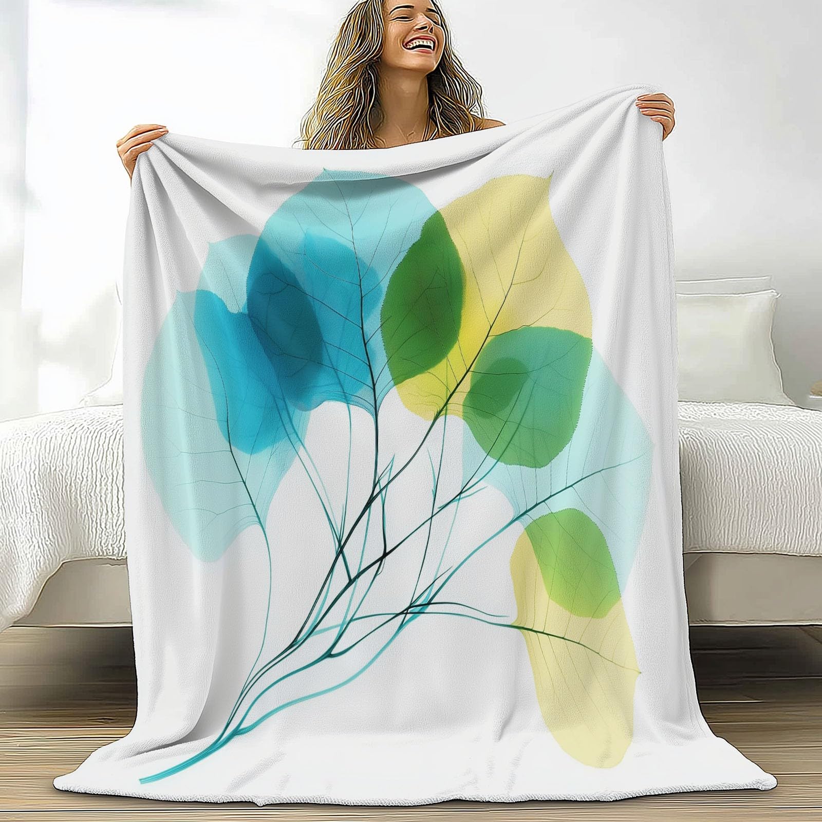 Flanelowy koc 180 x 220 cm minimalizm liście topoli przezroczyste puszyste kolory ciepły koc polarowy, lekkie białe koce na cały sezon do podróży, na sofę