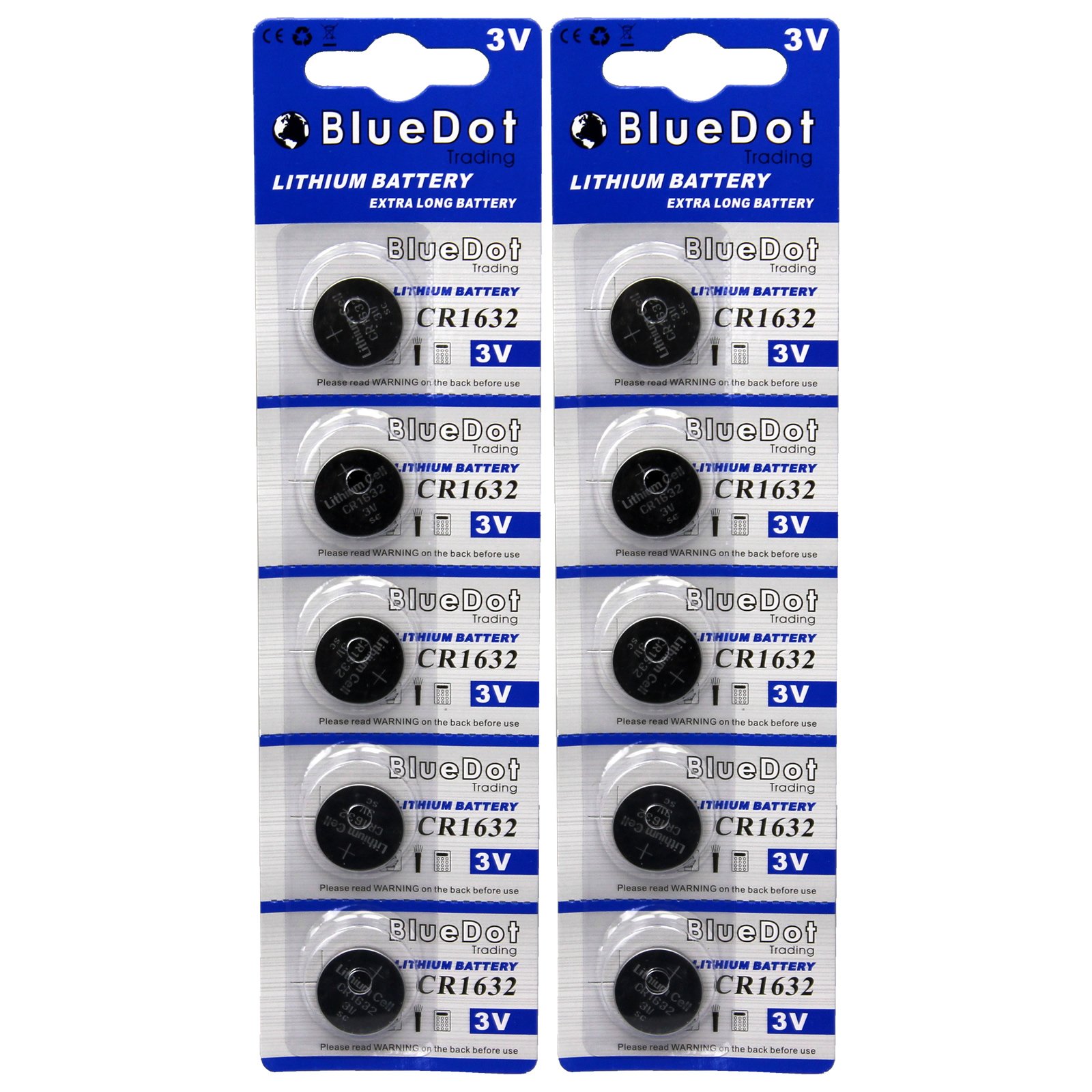 BlueDot Trading CR1632 3 Volt Lithium Button Cell Batteries for Car Key remotes, Calculators, Watches, and Other Small Electronics, Quantity 10 Batteries