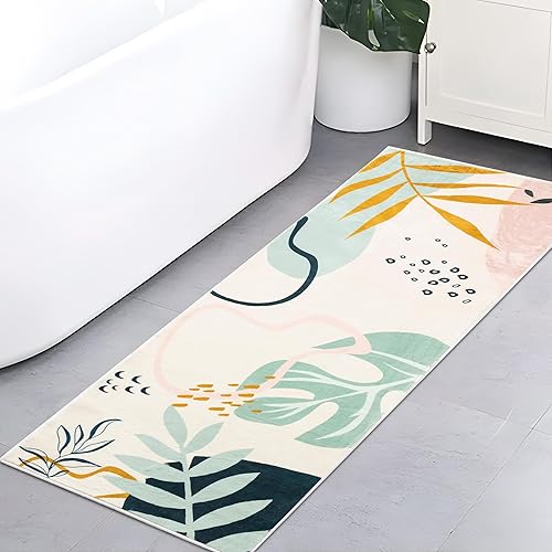 Miniatura 2 de UBTKEY Alfombra de pasillo de 2 x 6 pies, ultrafina, antideslizante, lavable, con estampado botánico, estilo bohemio, alfombra de pasillo de baño,
