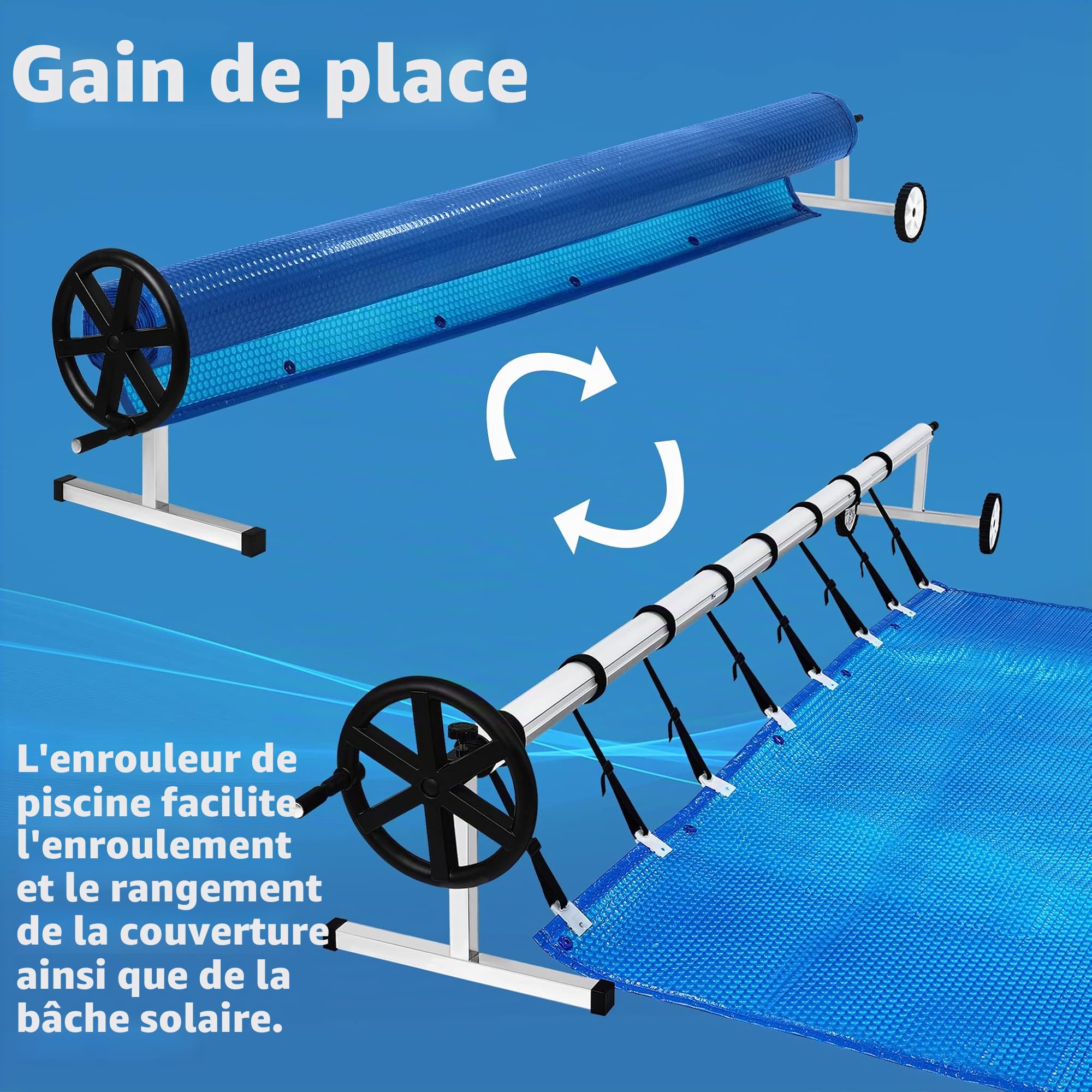 Aufun Enrouleur de Piscine de qualité supérieure - 3 à 5,70 m - Système d'enroulement Mobile pour bâche de Piscine et Housse - Enrouleur Mobile en matériau résistant aux intempéries-Fixation et Roues