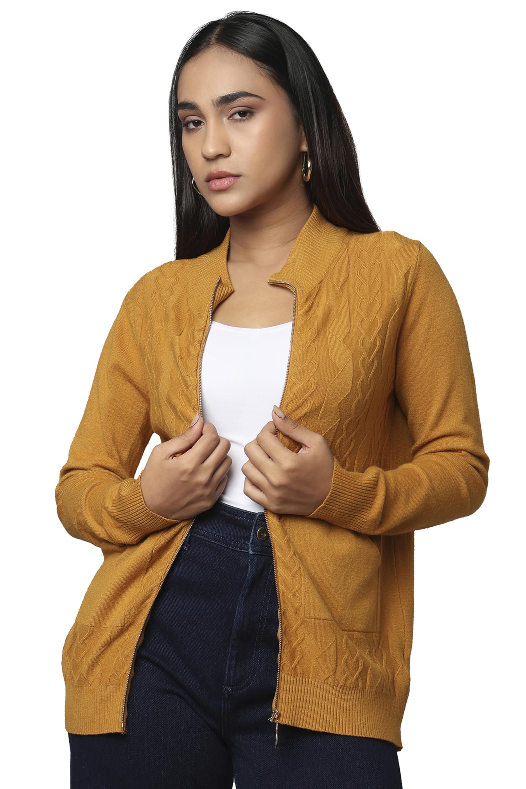 tamiska by narendra kumar Full Sleeves Viscose Blend Cable Knit Zip-Up Sweater for Women with Side Pockets-picture-18