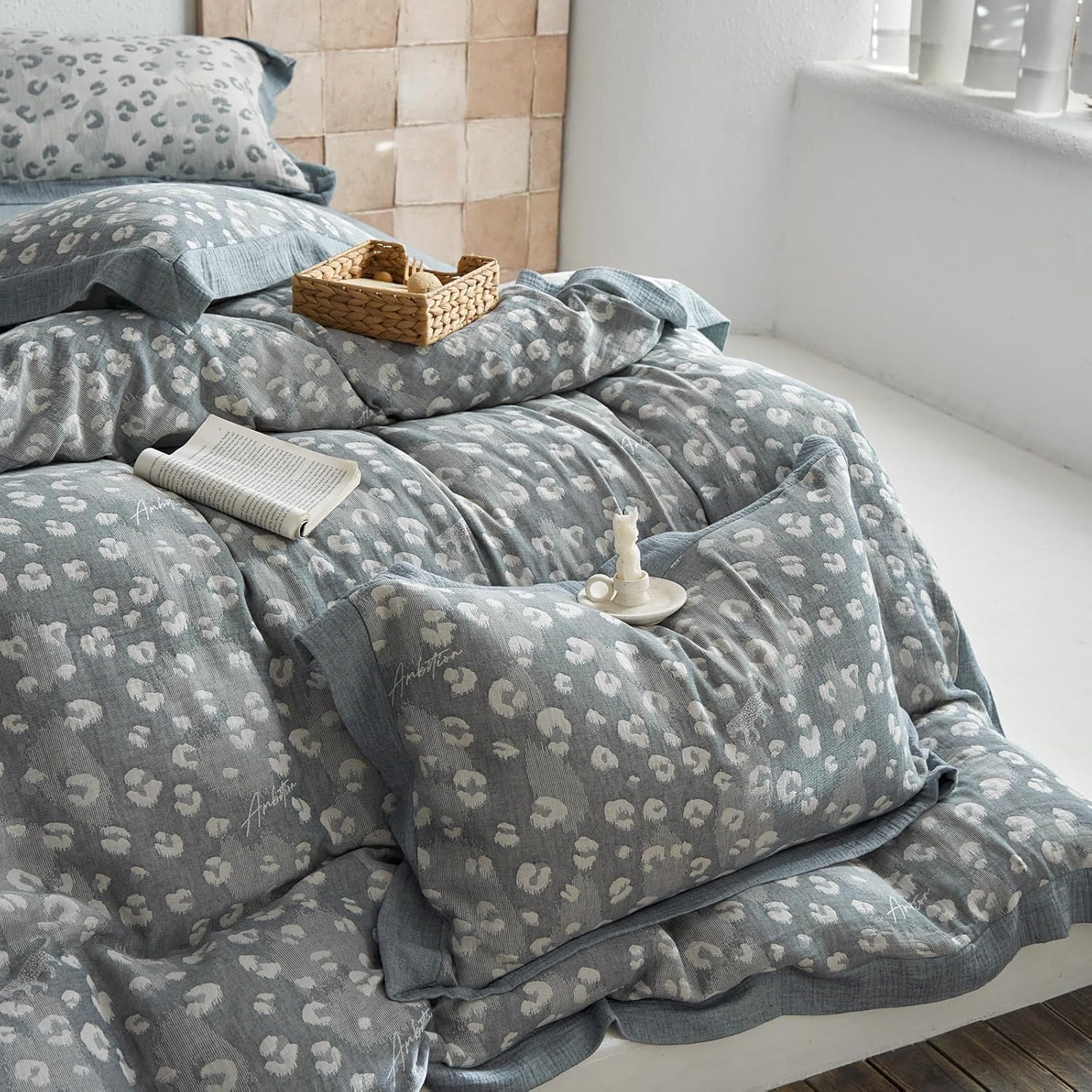 AOJIM Kids Adults Bedding Duvet Cover Set with Leopard Pattern for Room Decor, 100% Cotton Yarn-Dyed Jacquard Comforter Cover Full Size and 2 Pillowcases, Soft Lightweight Breathable, Grey Wide Edge