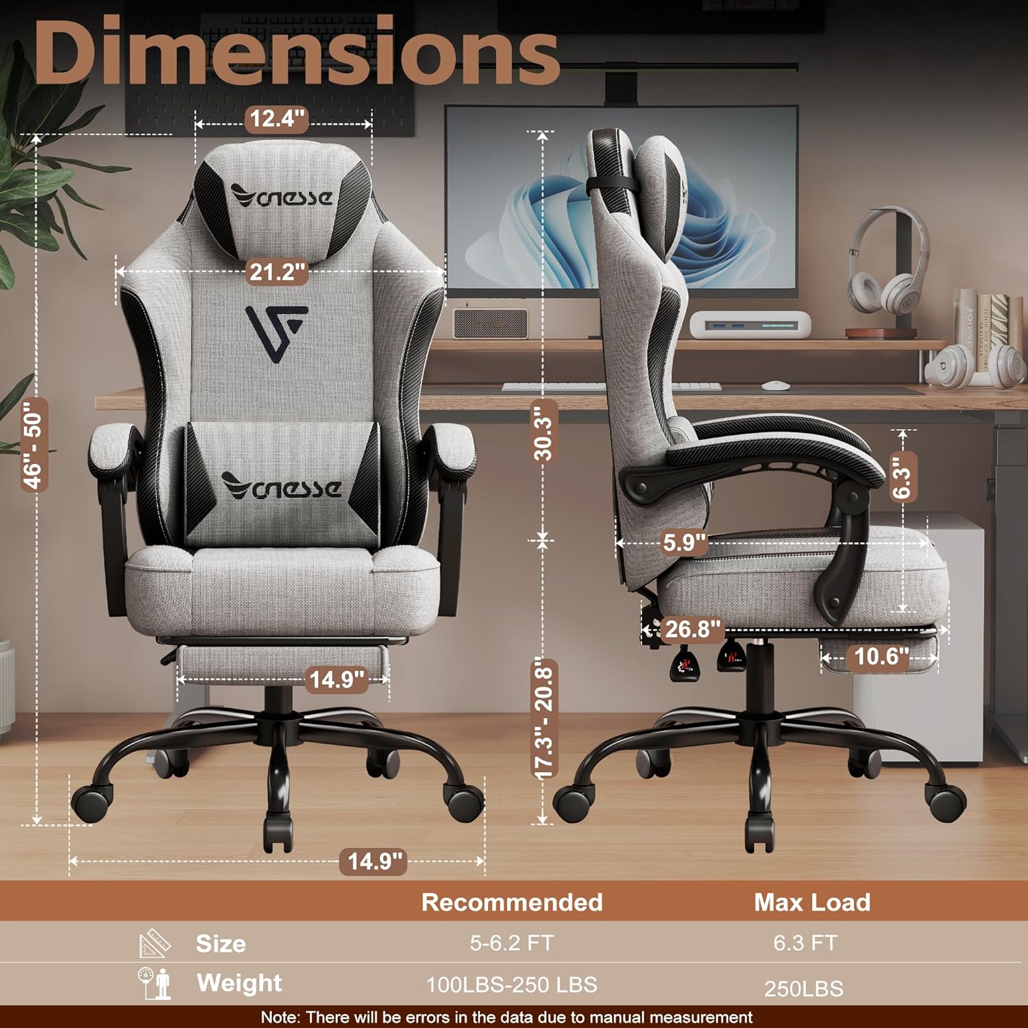 Vonesse Gaming Chair, Office Chair with Linen Breathable Mesh Fabric, Desk Chair with Lumbar Support and Massage, Executive Computer Chairs with Footrest and Headrest (Gray)