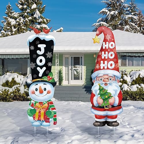 Namalu Paquete de 2 letreros de Navidad para patio al aire libre con 12 estacas de hombre de jengibre, muñeco de nieve, estacas de Navidad, para