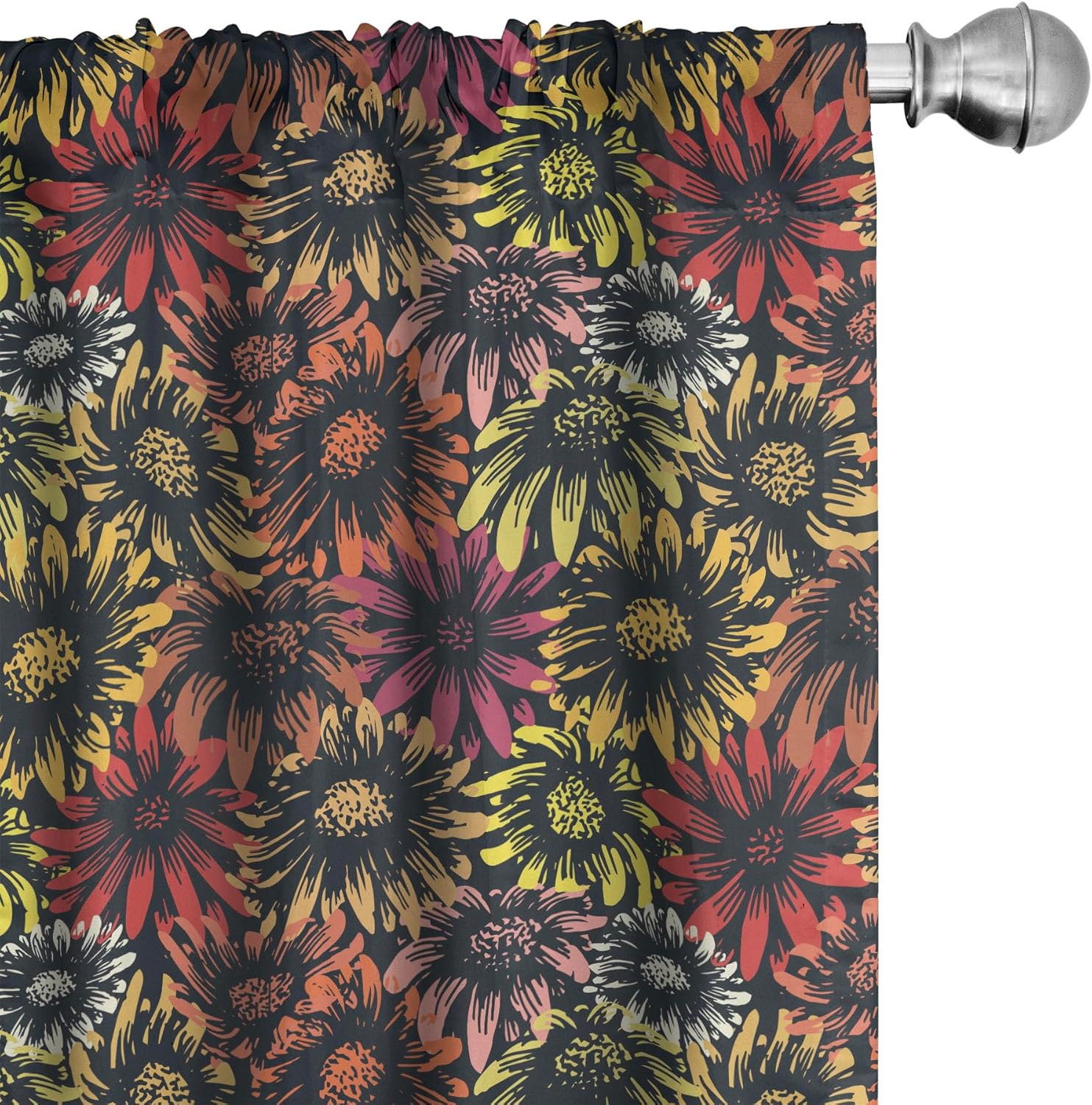 Ambesonne Floral Curtains, Vintage Daisy and Sunflowers Retro Grunge Vibrant Pattern Print, Window Treatments 2 Panel Set for Living Room Bedroom, Pair of - 28" x 95", Red Yellow