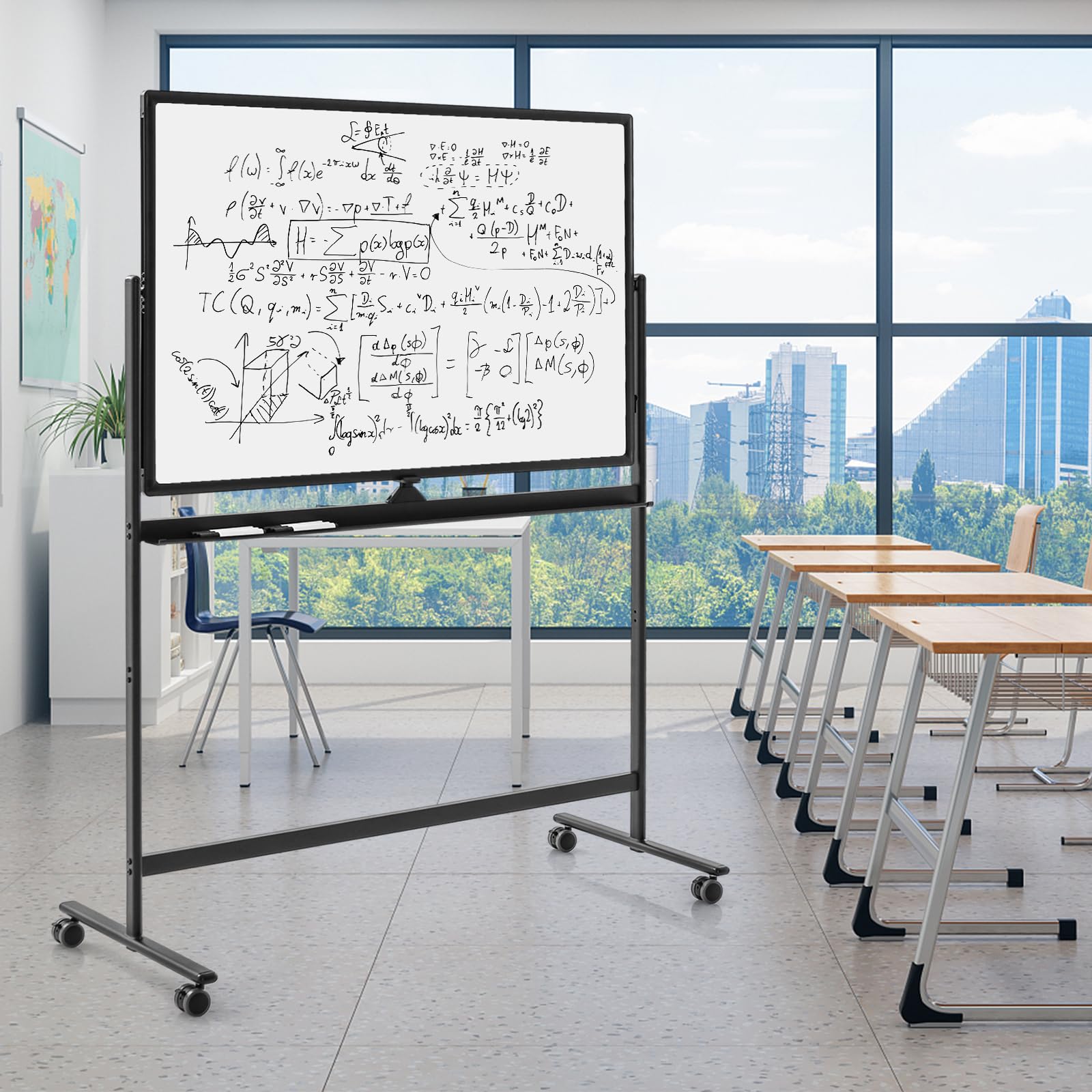 GYMAX 120 x 80 cm Lavagna Mobile Doppia Faccia, Regolabile in Altezza con Pennarelli & Gomma, Ruote Bloccabili, Struttura Metallica, Lavagna Cancellabile Reversibile per Scuola, Ufficio (Nero)