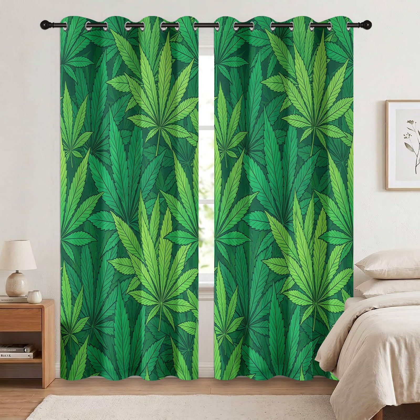 Générique Rideaux pour Enfants 110L X 215H cm (2 Panneaux), Rideaux Isolant Thermique Motif Plante Naturelle, Décoration de Feuille pour Chambre d'enfant Garçon Adolescent Salon Fenetre, Vert