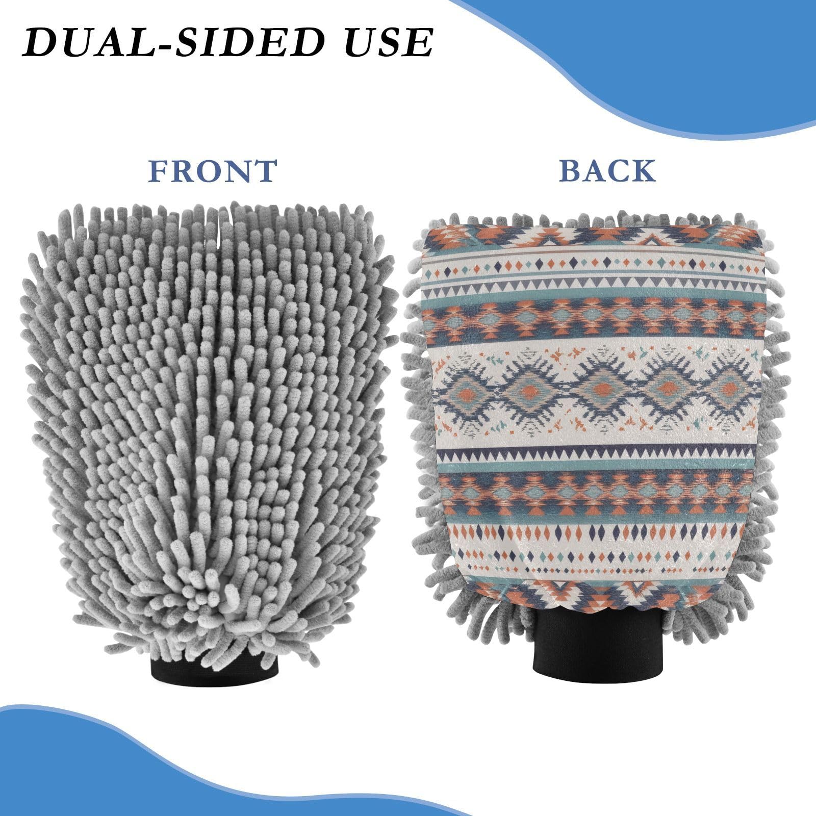 Flradish 2 Pack Aztec Pattern Car Wash Mitt Chenille Microfiber Lint-Free Scratch Free Ultra-Soft Absorbent Car Wash Mitt 11.8x8.07 Inch