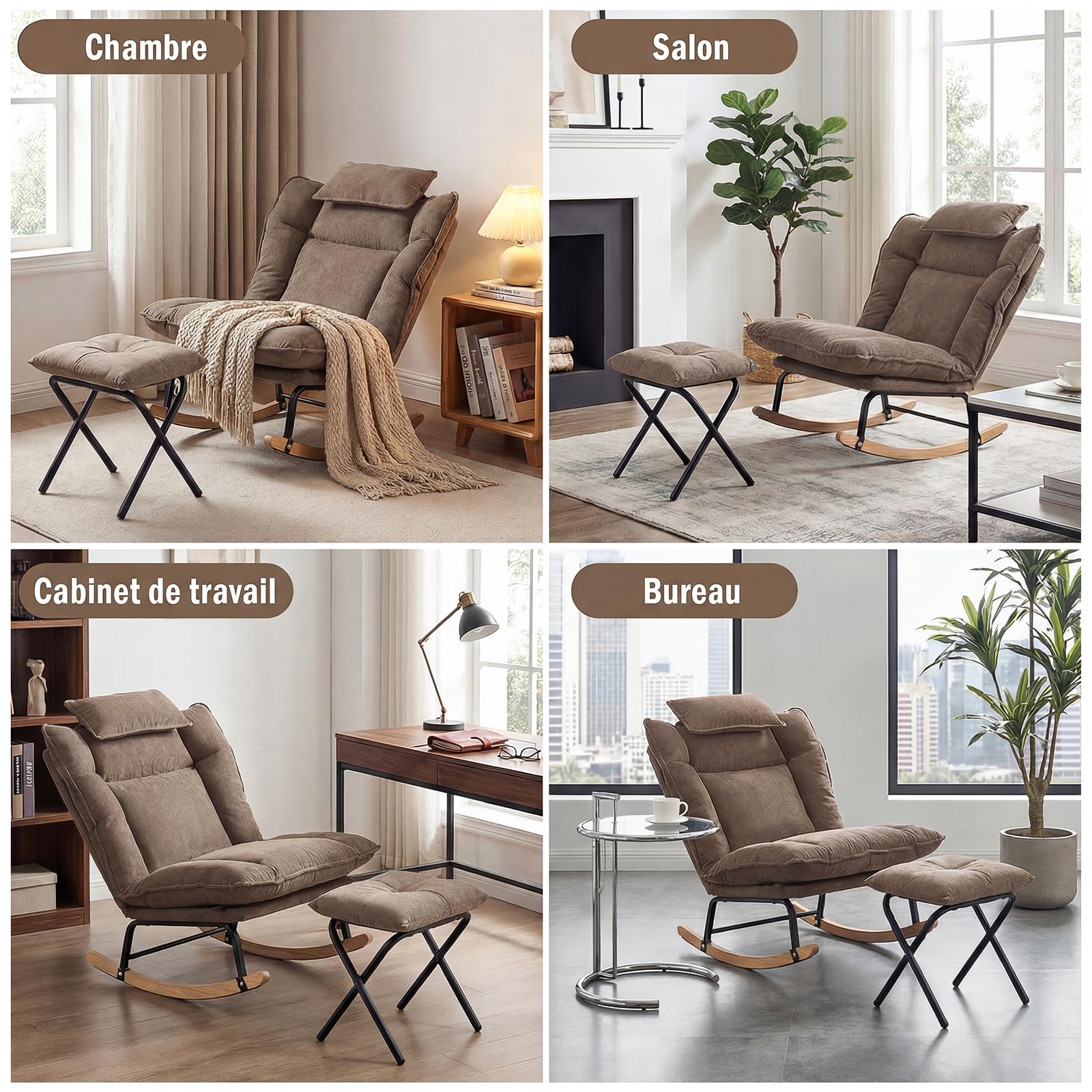 Fabulcozy Fauteuil à Bascule Réglable 3 Positions (90-120°), en Velours Côtelé avec Repose-Pieds Pliable et Coussin, Structure Métal et Pieds Bois d'Hévéa, pour Salon, Chambre,Allaitement,Kaki