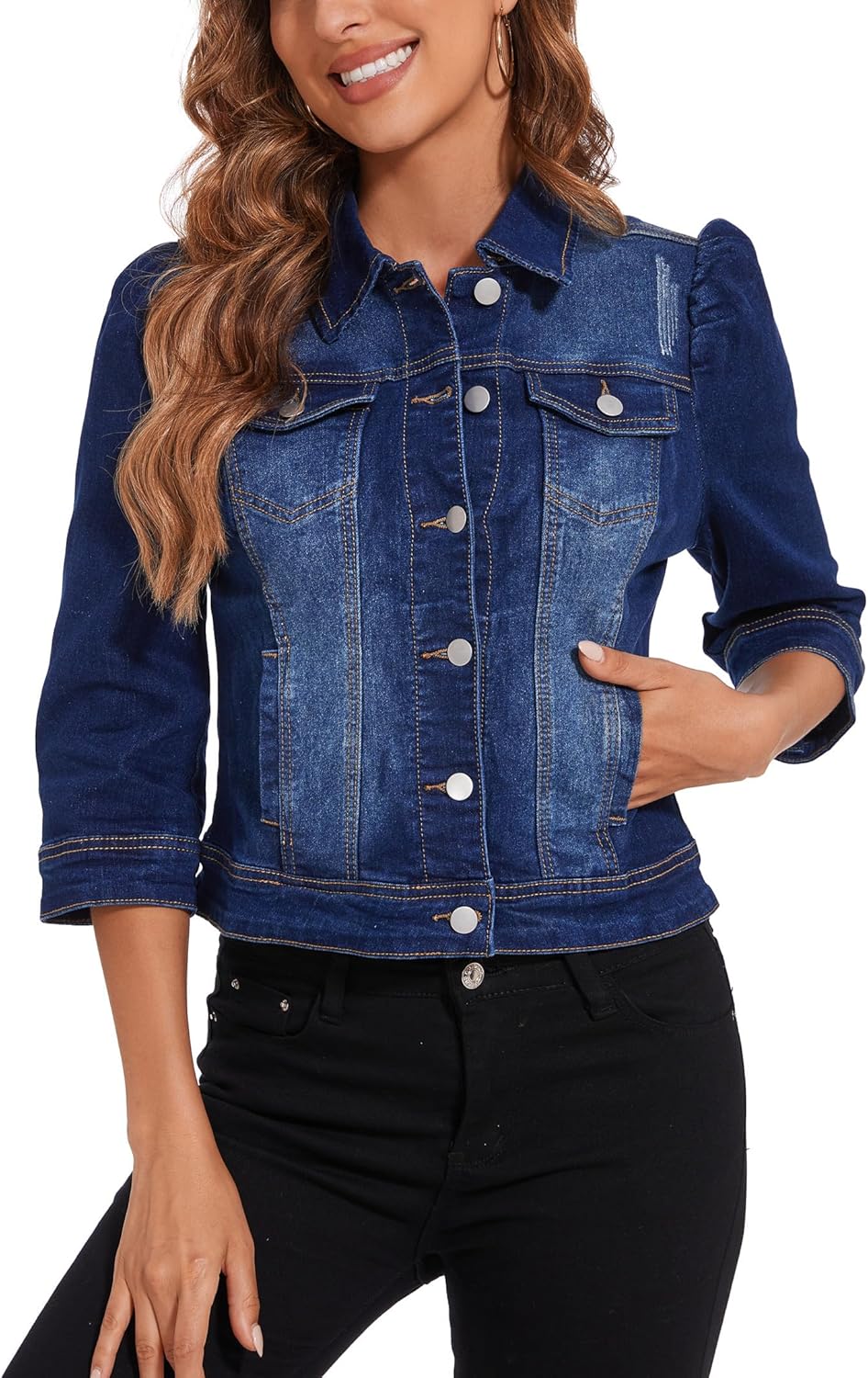 Anienaya Women's Jean Jacket Cropped Denim Jacket Stretchy 3/4 Puff Sleeve Distressed with Pockets - Image 4