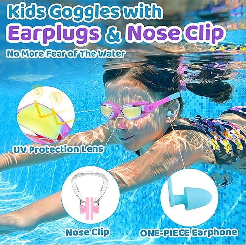 Miniatura 2 de Vvinca Gafas de natación para niños, con tapones para los oídos y clip para la nariz, visión amplia, antivaho y UV, para niños y niñas de 3 a 15 años