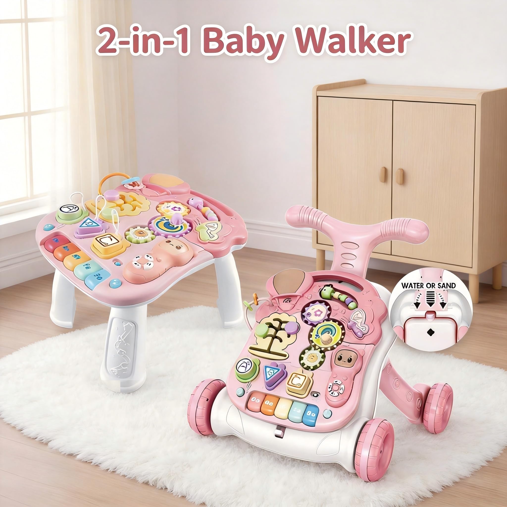 Andador Bebé primeros pasos, Caminante infantil, caminante de aprendizaje de 3 en 1 sentado, Centro de educación infantil temprana, regalo de juguete para niñas de 9 a 36 meses (Rosa)