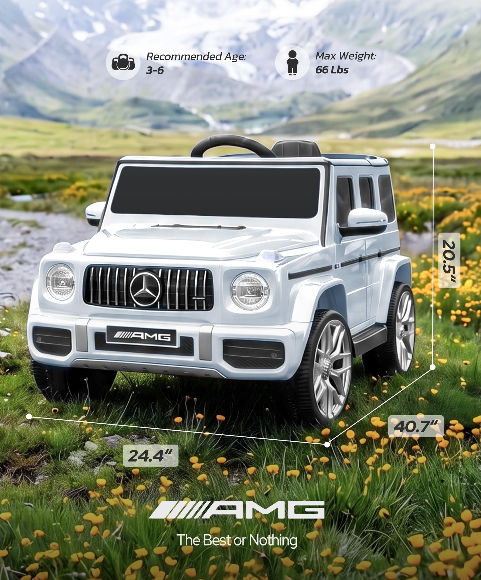 ELEMARA Mercedes-Benz AMG G63 - Auto elettrica per bambini con controllo genitori, giocattolo per camion con sospensioni a molla, Bluetooth, luci tremolanti/luci LED, bianco