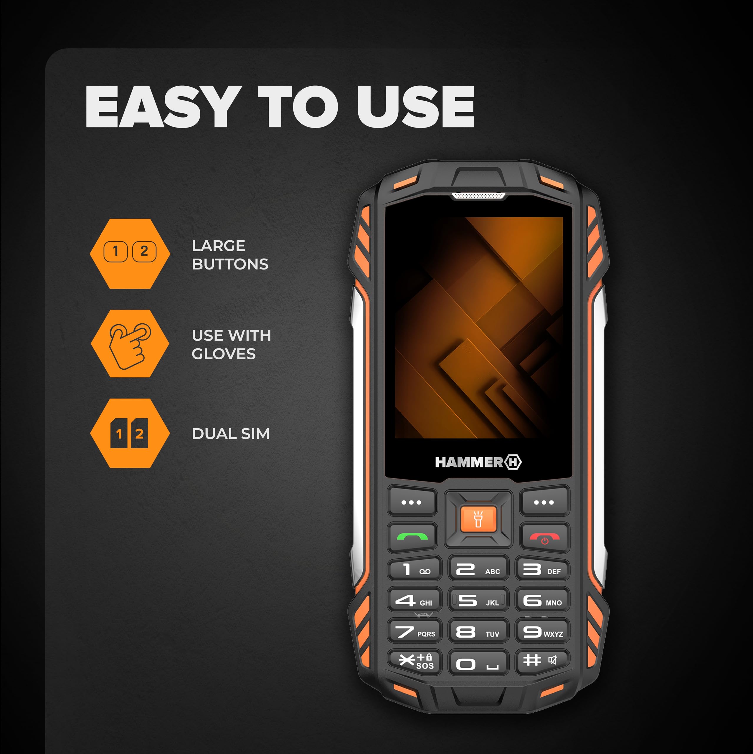 Hammer H Forge Telefono cellulare da esterno, senza contratto, 32 GB, batteria da 3200 mAh, display TFT da 2,4", torcia, IP68, radio FM, jack da 3,5 mm, 2 MP, USB-C, doppia SIM, antipolvere
