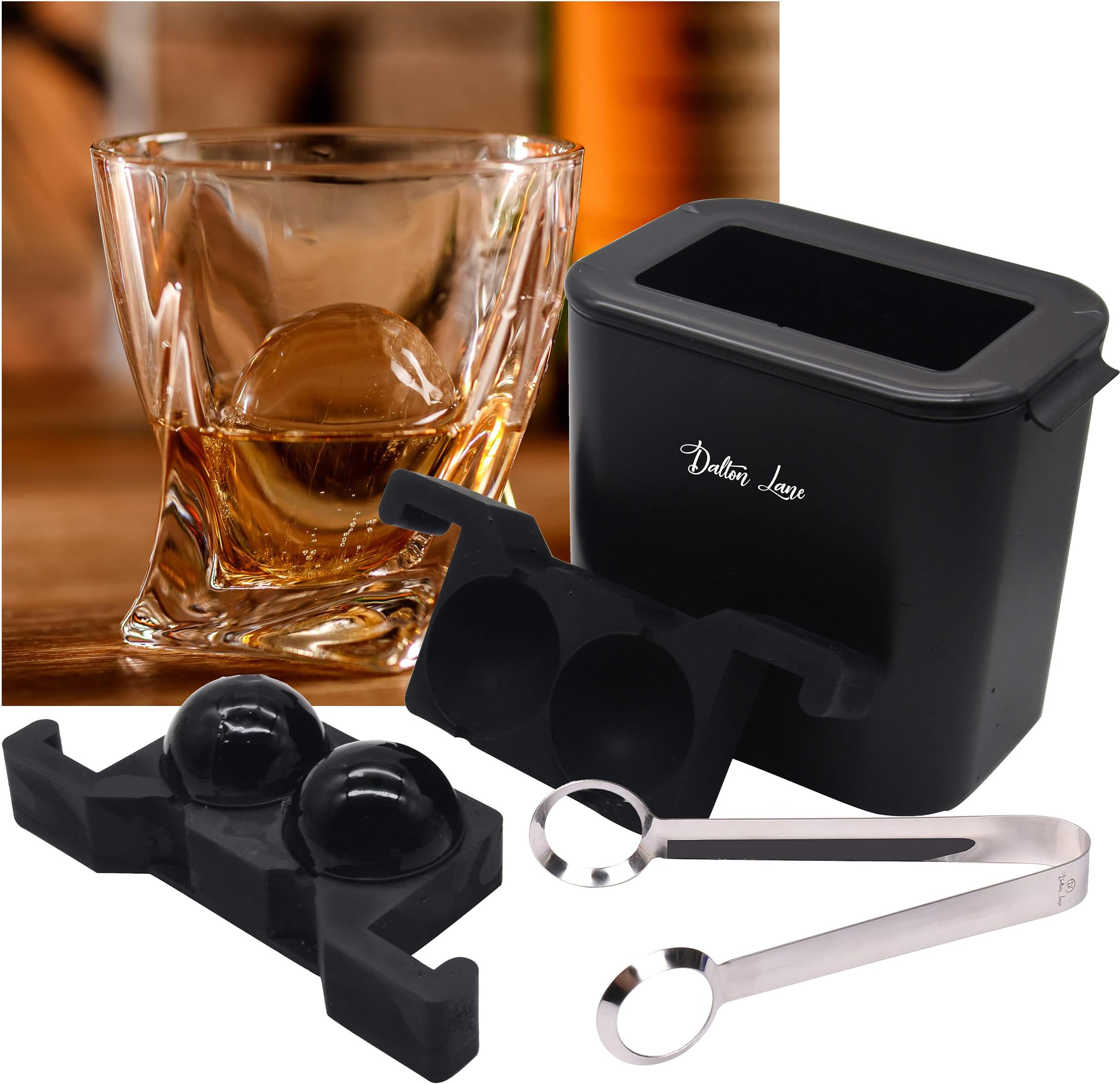 Crystal Clear Ice Ball Maker – Dalton Lane's Ice Ball Mold makes Two Premium Crystal Clear 2.35" Balls of Slow Melting Ice Spheres | the ORB TONGS makes for the Ultimate Whiskey or Cocktail Experience