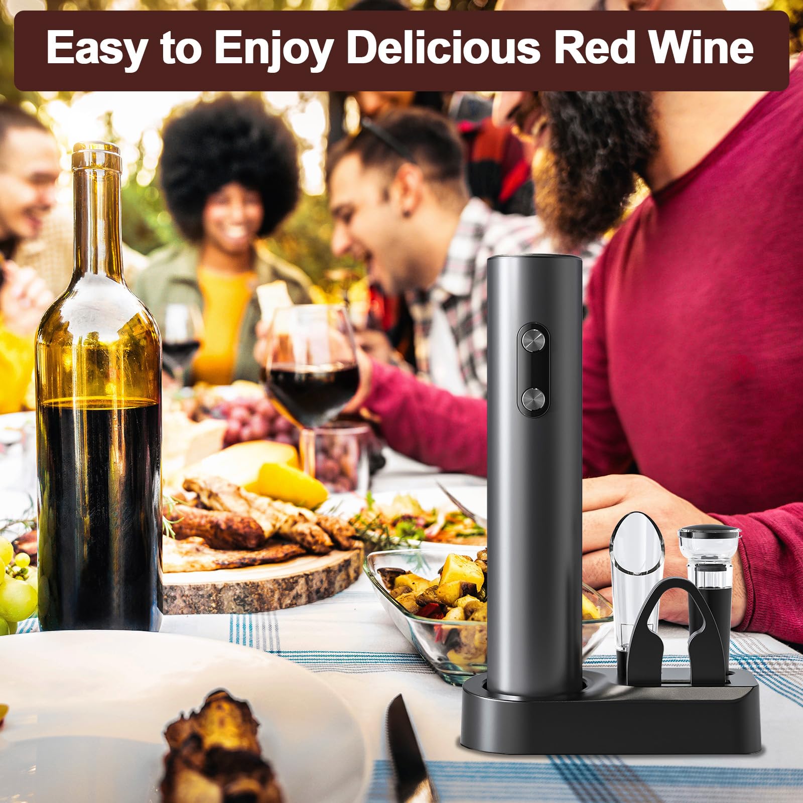 Cuteefun Cavatappi Elettrico Per Vino, 5 In 1 Set Apribottiglie Vino, Apri Bottiglia Riutilizzabile, Con Base, Tagliacapsule, Versatore, Pompa A Vuoto, Cavatappi A Batteria Per Bar, Casa, Regalo