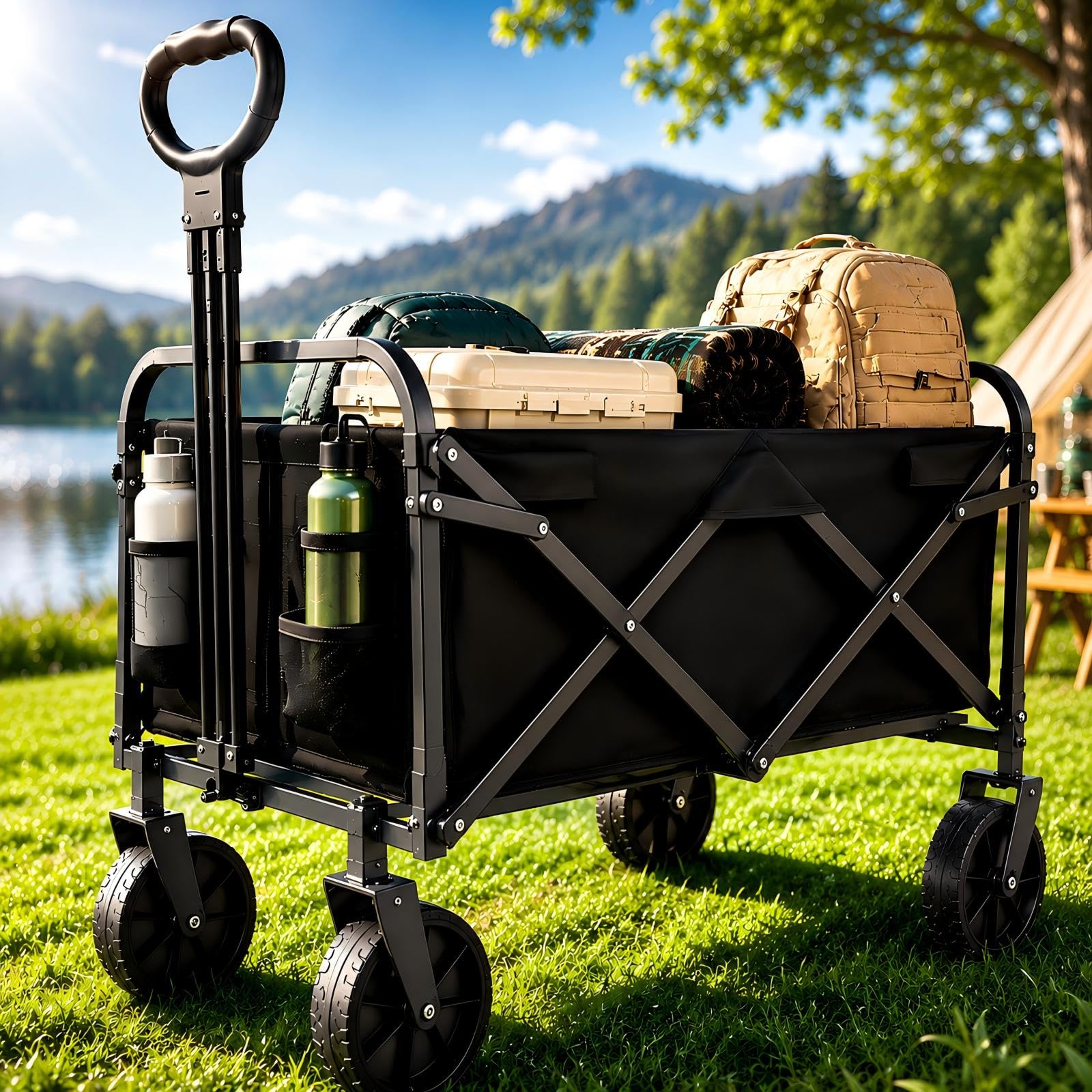 Zstar Bollerwagen Faltbar 220L, 73 x 46,5 x 89,5 cm, Handwagen mit 180 kg Tragkraft, 360° Geländerädern, Verstellbarem Griff, 600D Oxford-Gewebe, für Camping, Garten, Strand und Einkäufe, Schwarz
