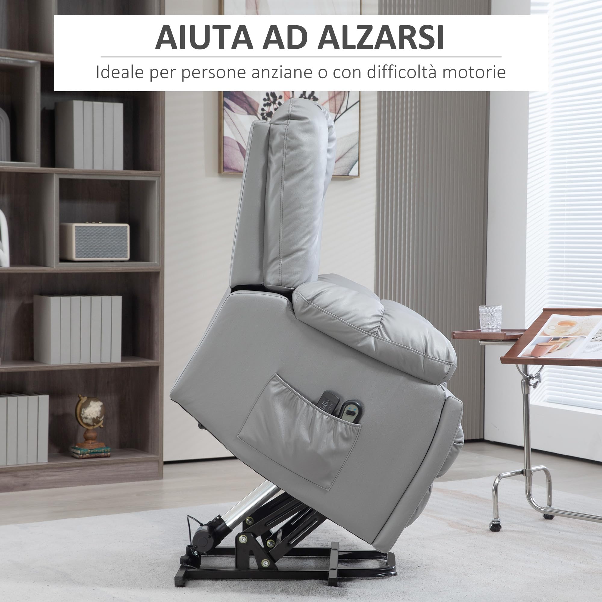 HOMCOM Poltrona Alzapersona Elettrica Reclinabile con 8 Punti Massaggianti e Telecomando, Poltrona Moderna in Microfibra, 94x96x106 cm, Grigio