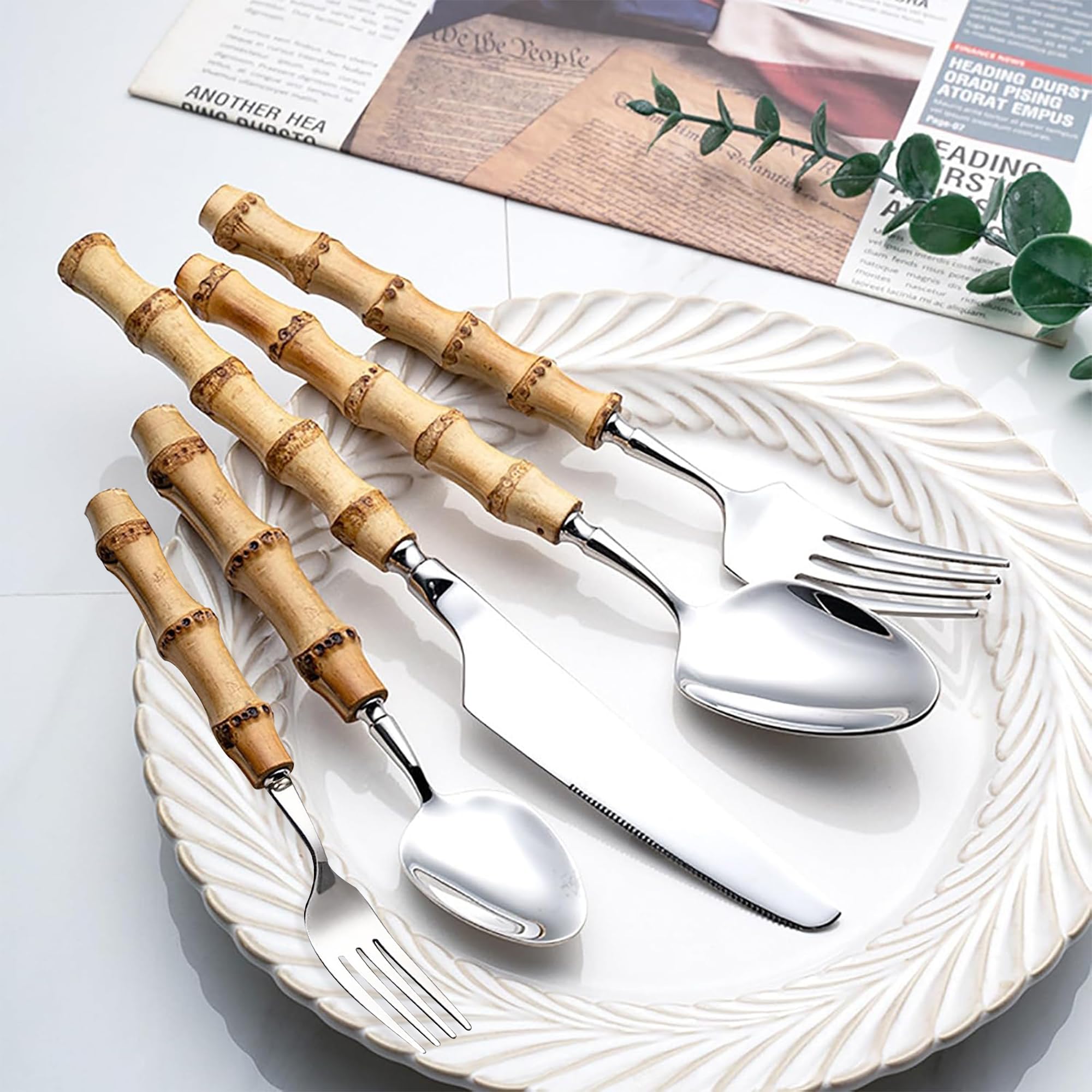 bamboo handle flatware sets for 6, 30 Piece Natural bamboo handle cutlery sets, silverware sets, dinnerware tableware set, Mirror Finished (30-Piece for 6)