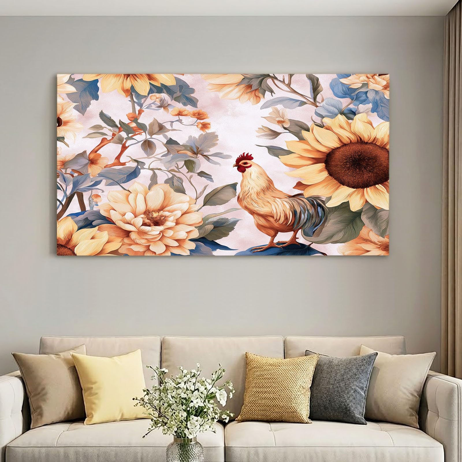 Générique Impression Sur Toile Vintage Affiche Peinture, Tableau Decoration Murale avec Marron Fleurs Tournesol Poulet, pour Chambre, Salon, Cuisine Intérieure Décor 70 x 50 cm