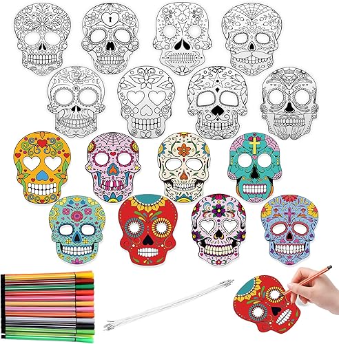 Lenwen 16 Pcs Day of the Dead DIY Masks Sugar Skulls Coloring Mask Dia De Muertos Paper Mask with Pens for Craft Activity Kid