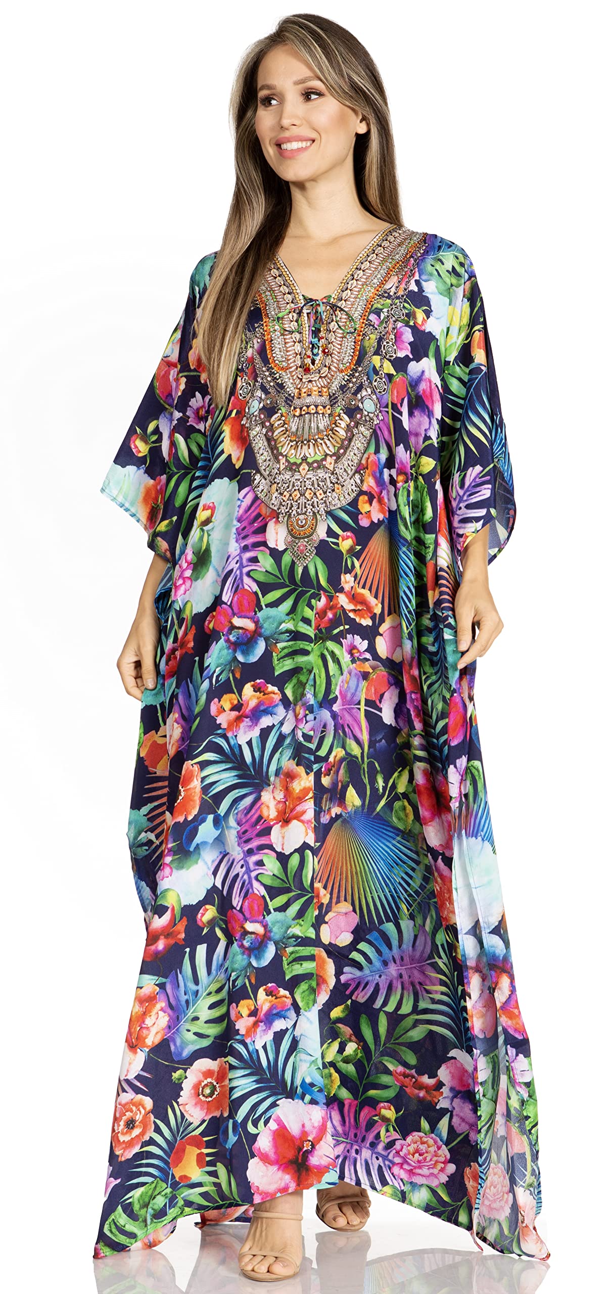 Sakkas Yeni Women's Short Sleeve V-Neck Summer Floral Long Caftan Dress Cover-up