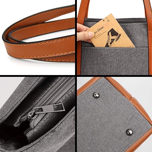 Miniatura 6 de YALUXE Bolsa de cuero genuino para computadora portátil para mujer, bolsa de hombro de nailon para 15.6 pulgadas, gran capacidad, estilo vintage,