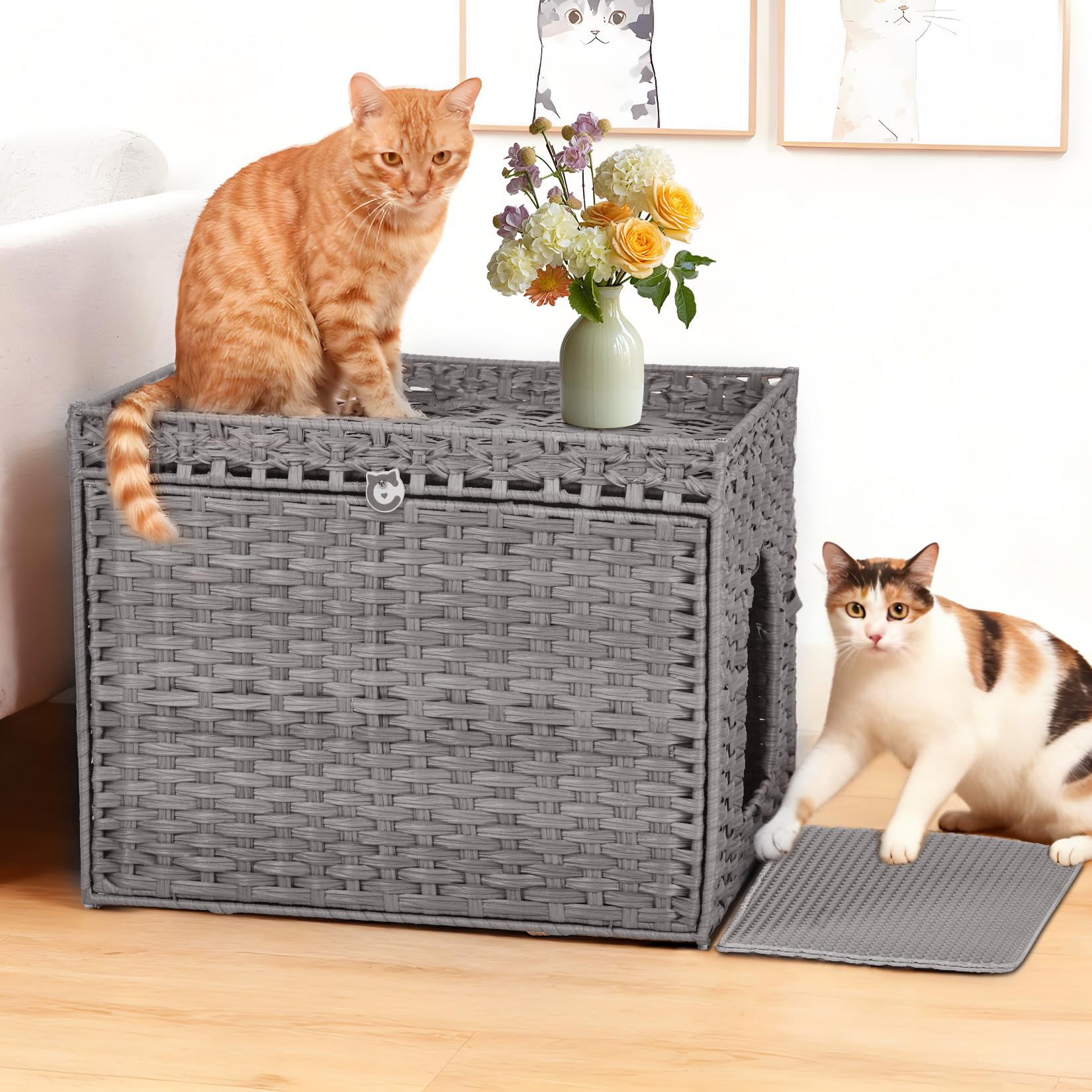 Verstecktes Katzenklo-Möbelstück aus Rattan, Großes Rattan-Katzenhaus mit Katzenklo Matte, Spritz und Geruchsdichtes, Doppelstöckiges Katzenhaus für Wohnzimmer, 70x53x56cm