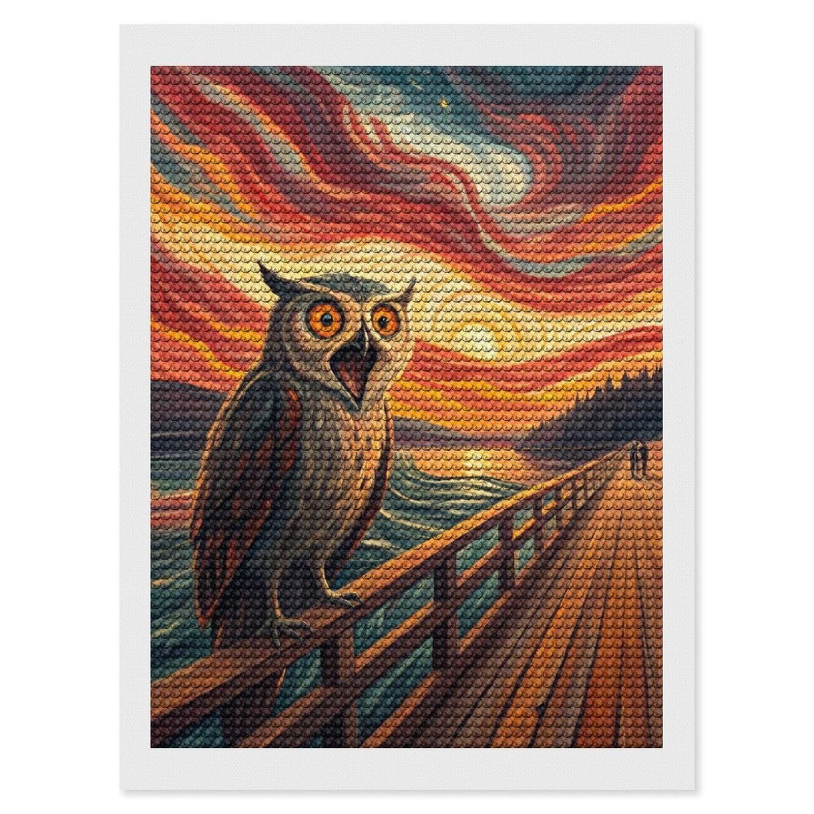Junmoney Screaming Owl on A Pier at Sunset Diamond Painting Canvas Set 12"x16", Satisfying Creative Project, Easy to Follow Symbols, Fun Craft Experience