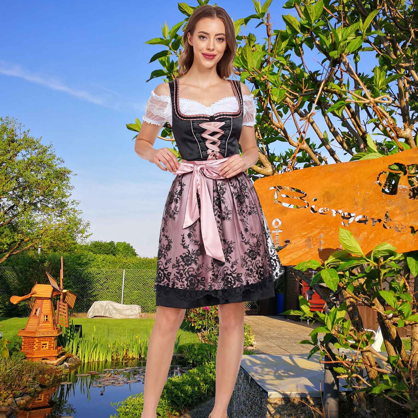Jecarden Damen Dirndl 3 Teilig Midi Trachtenkleid Damen Dirndlkleid mit Spitze Trachtenmode inkl. Dirndlbluse Dirndlschürze für Oktoberfest Karneval Besondere Anlässe